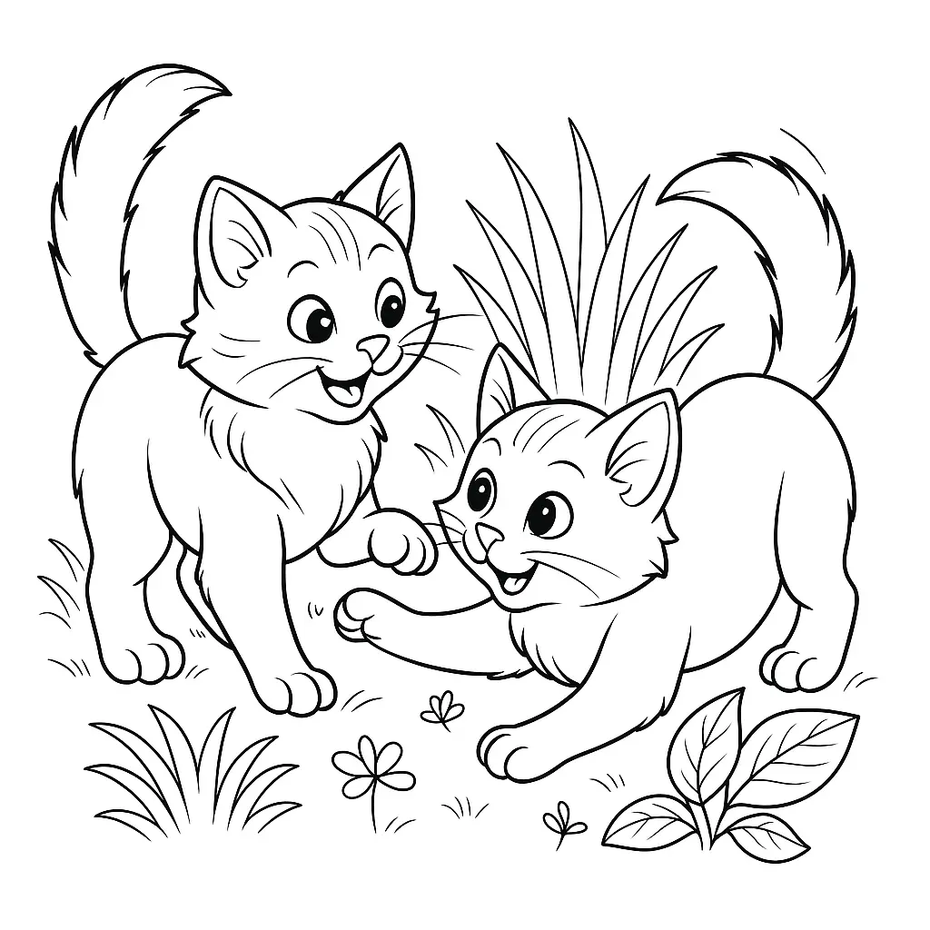 Ausmalbild von zwei spielenden Katzen im Garten mit Gras und Blumen