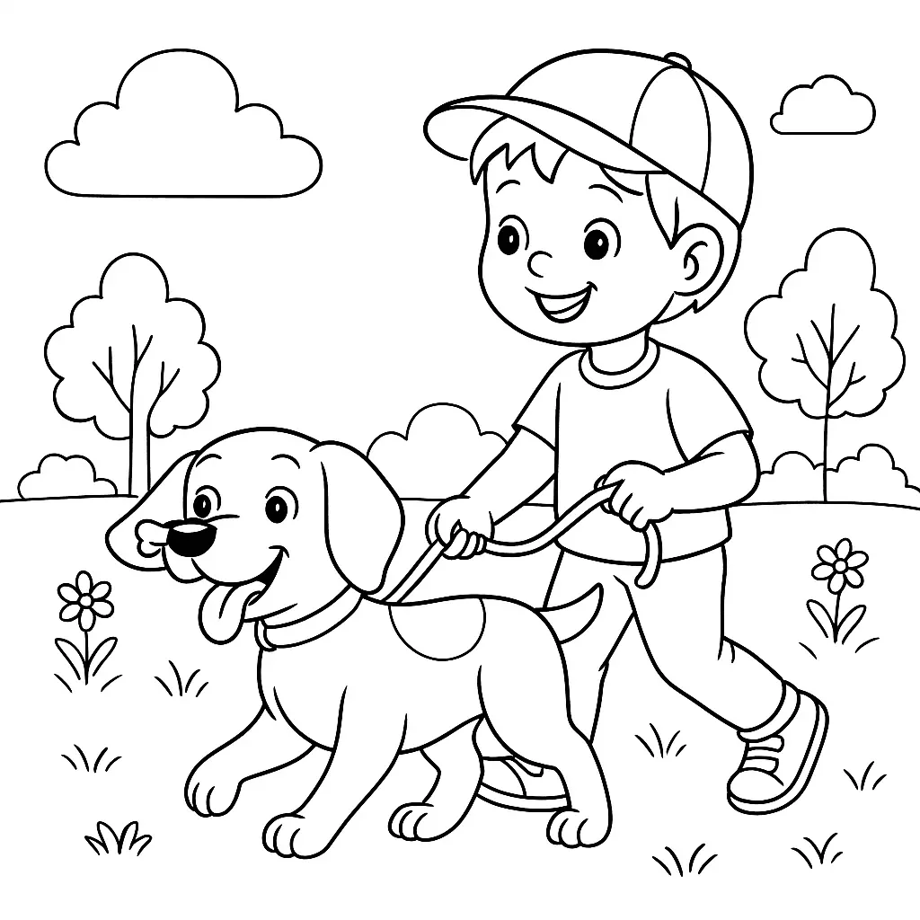 Ausmalbild mit Kind, das an einem sonnigen Tag mit einem Hund an der Leine spazieren geht