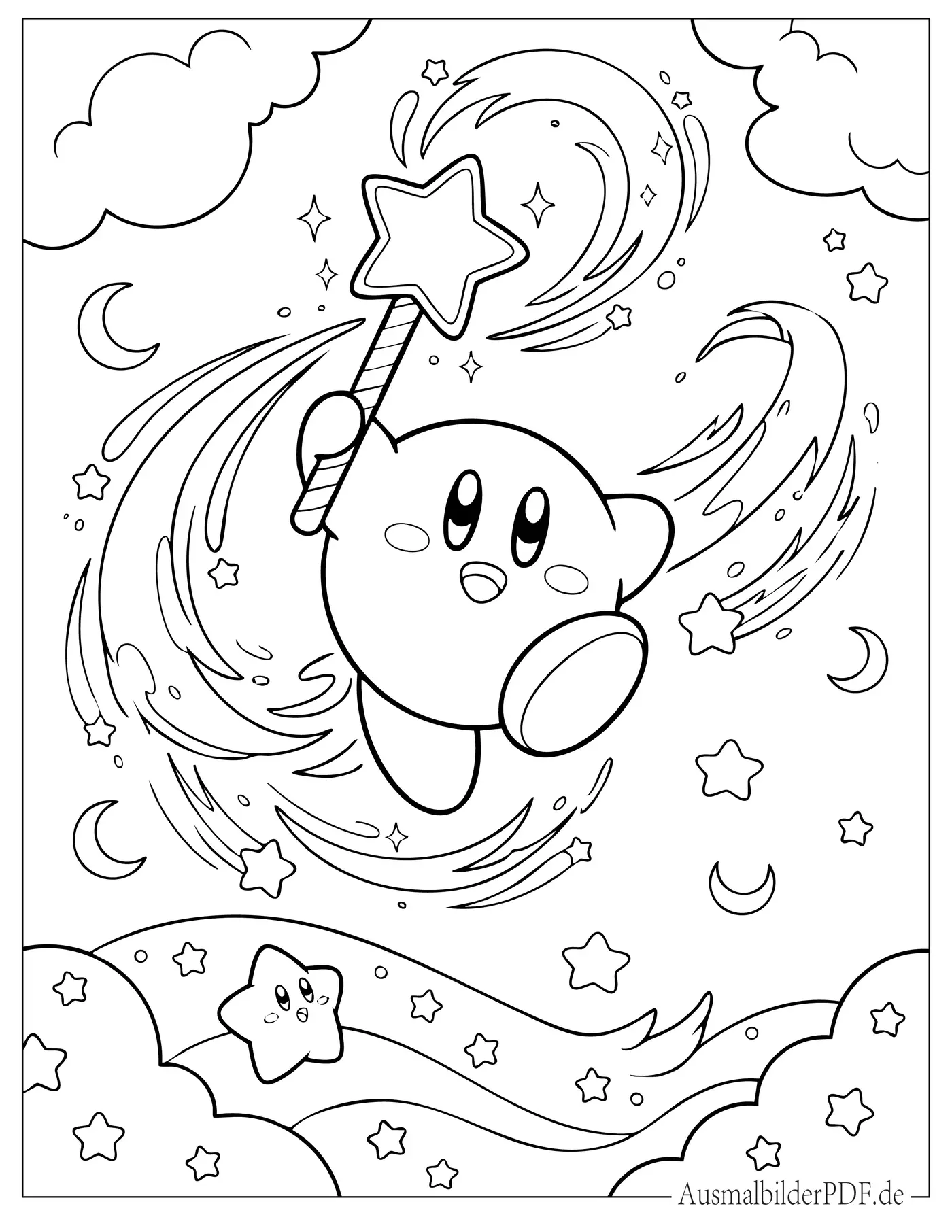 Ausmalbild Kirby mit magischem Zauberstab