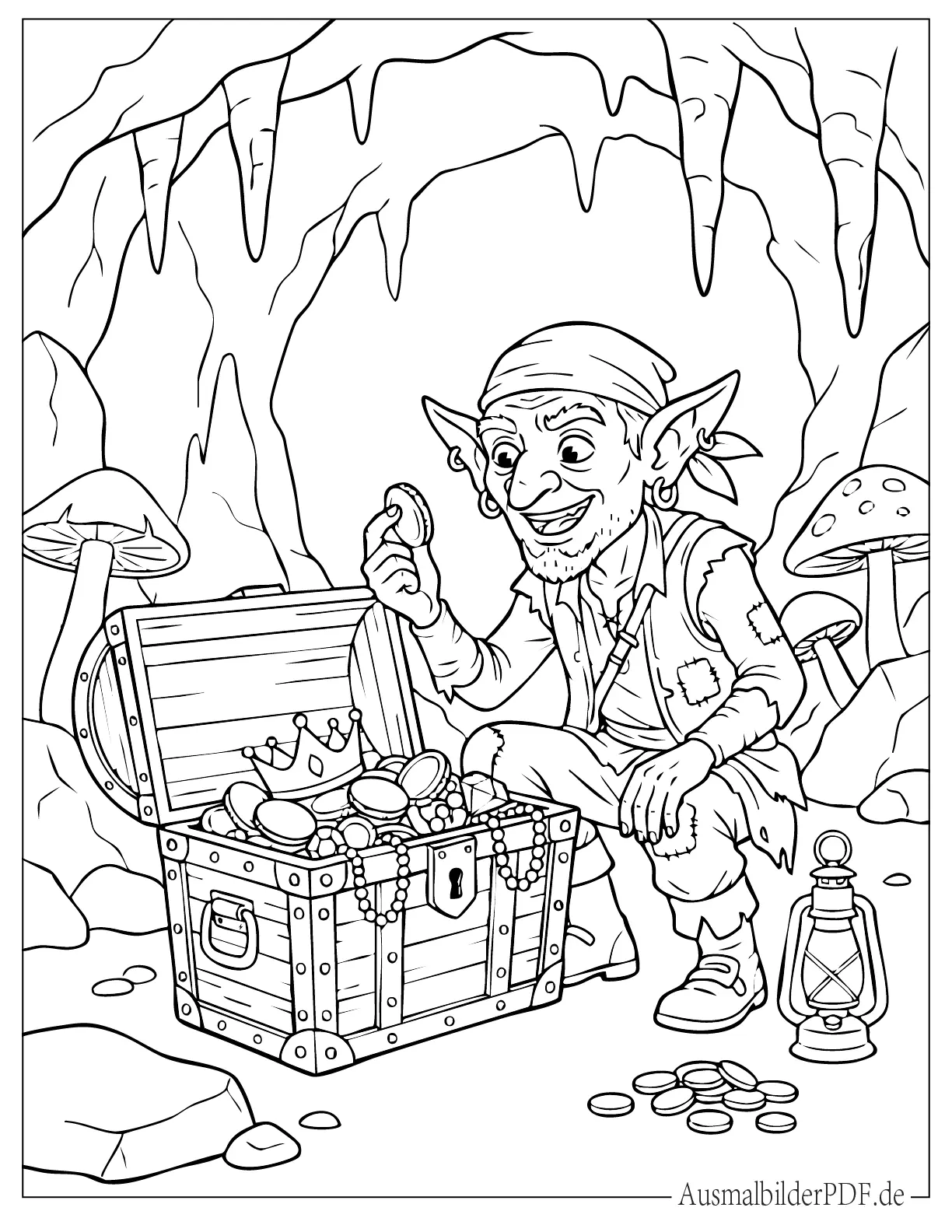 Ausmalbild Kobold mit Schatzkiste in einer Höhle