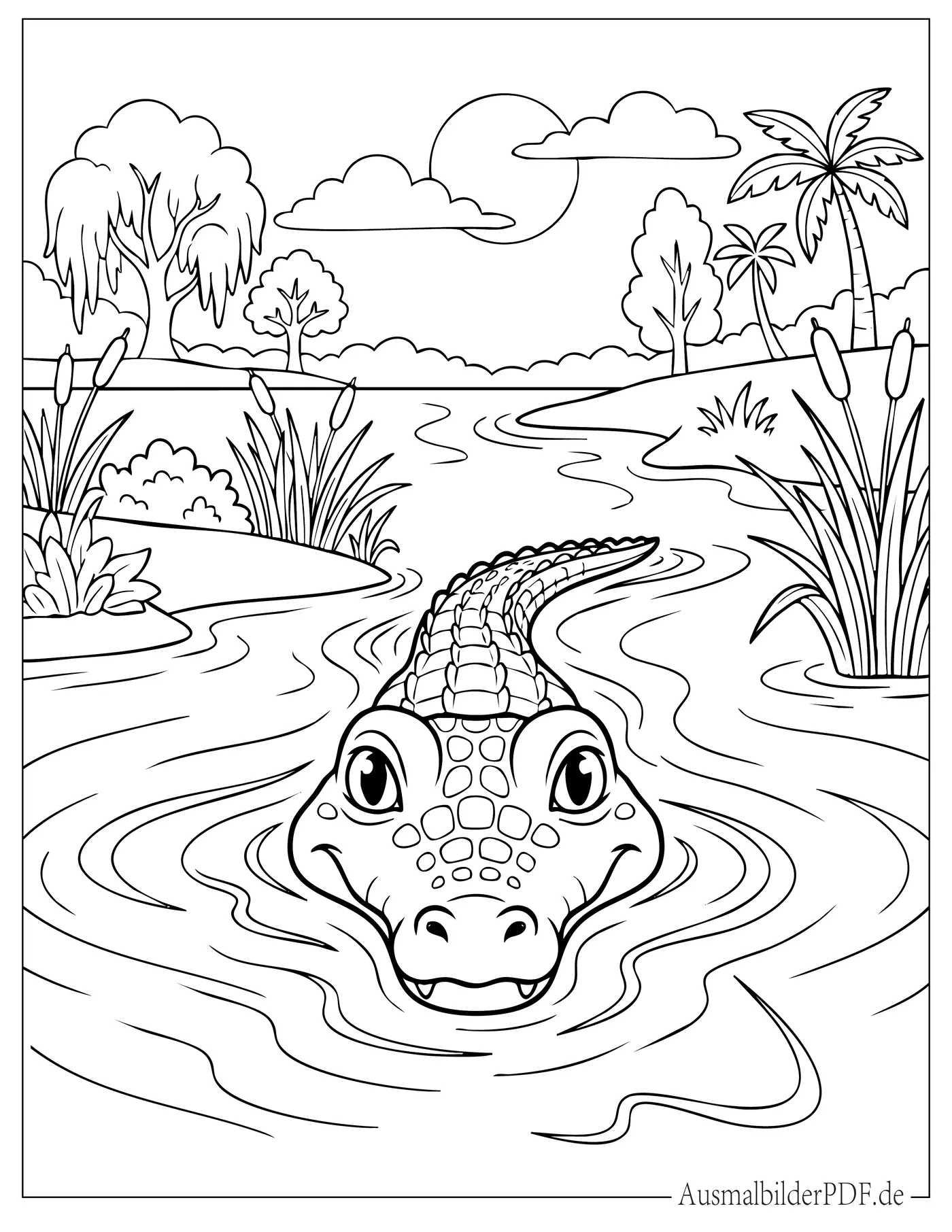 Ausmalbild Krokodil schwimmt im Wasser