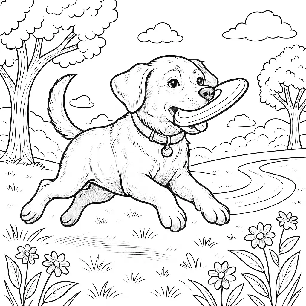 Ausmalbild mit Labrador-Welpen, der im Park einen Frisbee fängt, umgeben von Bäumen und Blumen