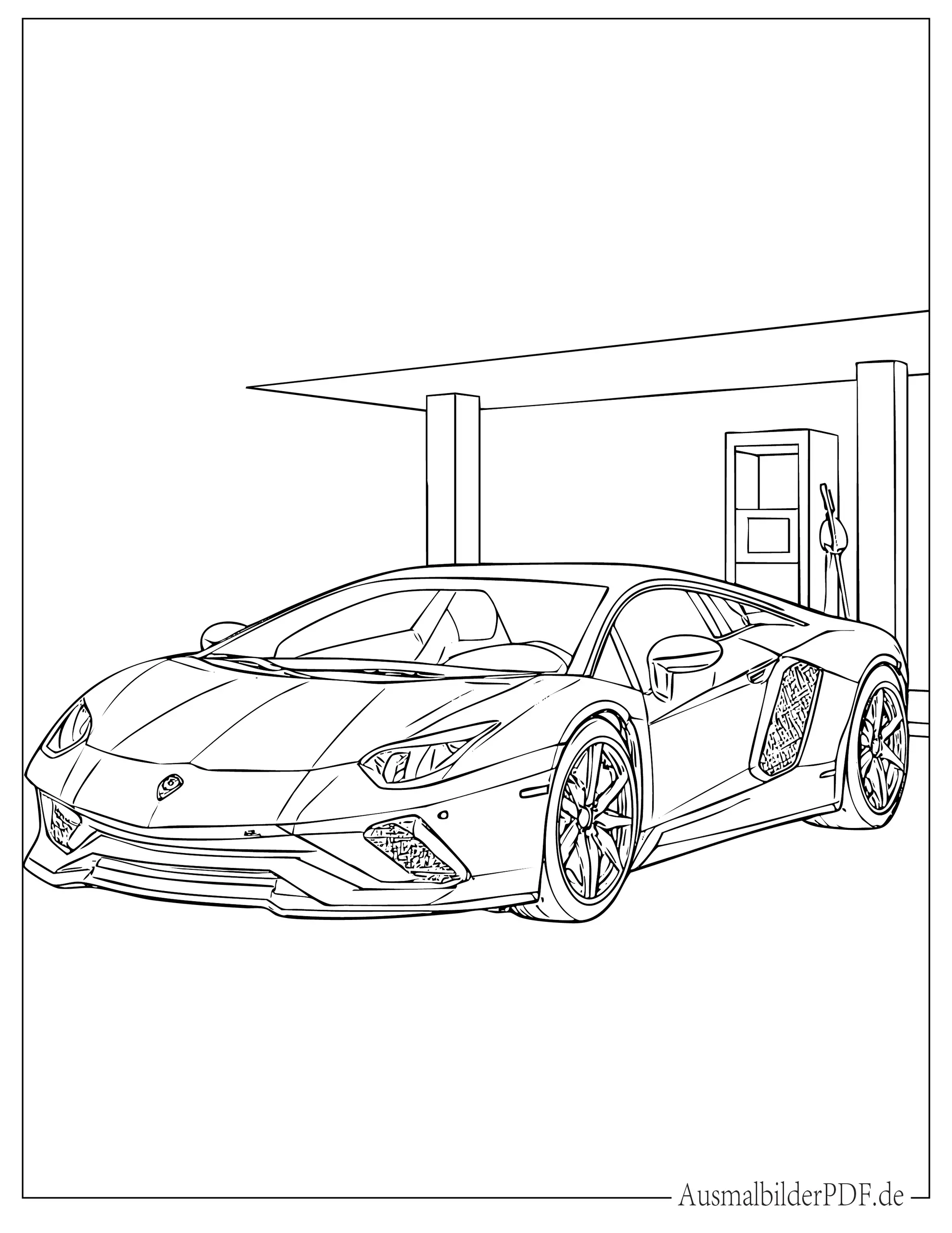 Ausmalbild von Lamborghini an der Tankstelle