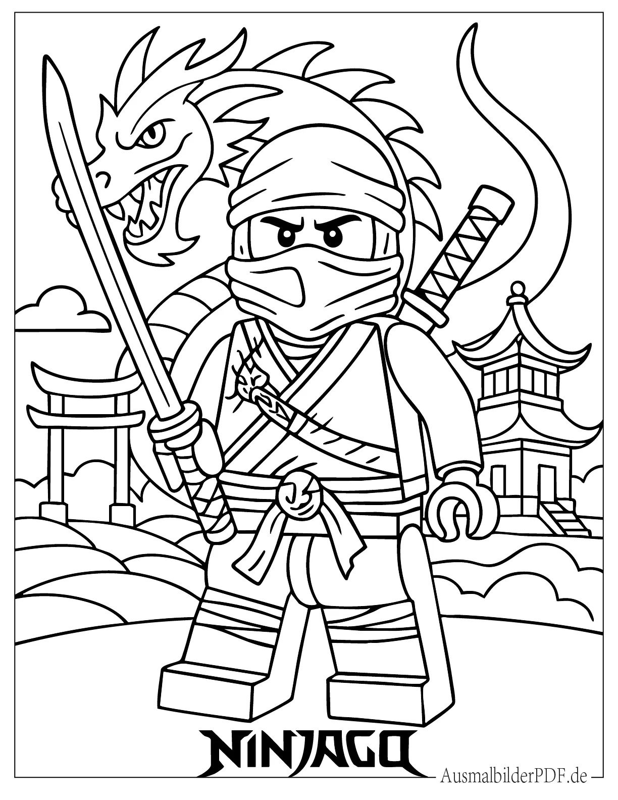 Ausmalbild Ninjago Ninja mit einem Drachen im Hintergrund