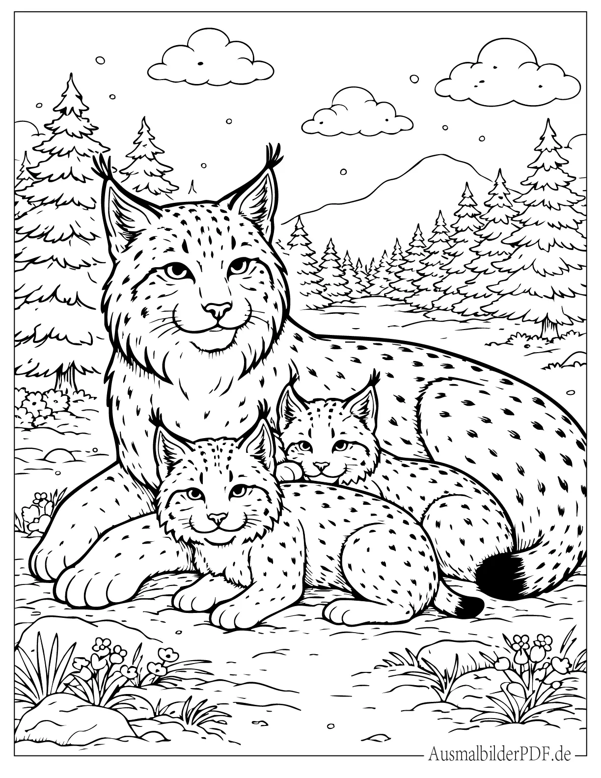 Ausmalbild von Luchs Mutter mit zwei Babys sitzt im Dschungel
