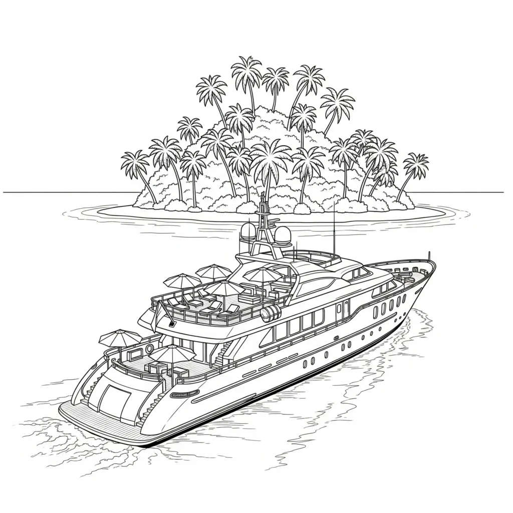 Boot Ausmalbilder (Kostenlos Malvorlage zum Ausdrucken) Luxus Yacht auf tropischer Kreuzfahrt mit Palmen und ruhigem Meer als Ausmalbild für Kinder und Erwachsene zum Ausdrucken