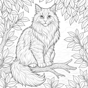 Ausmalbild einer großen Maine-Coon-Katze auf einem Ast mit herabhängendem, buschigem Schwanz