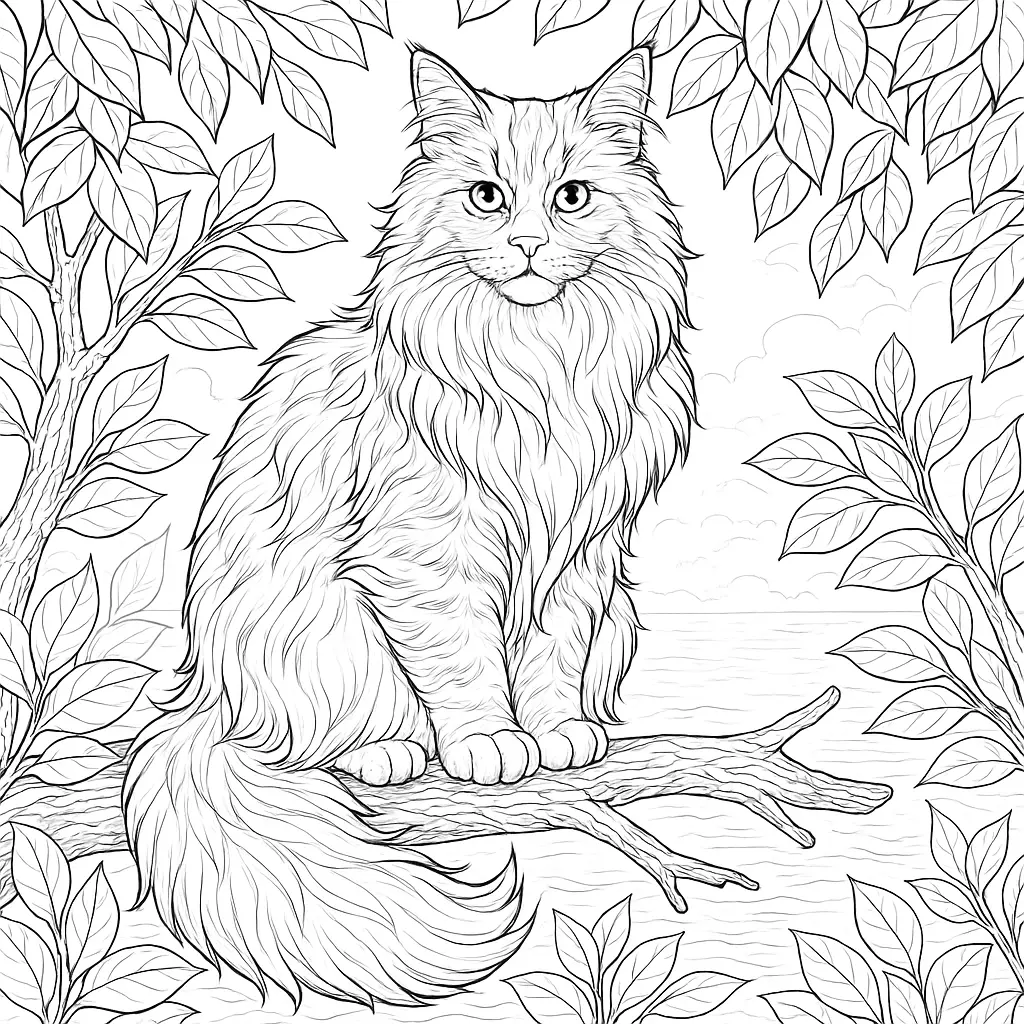 Ausmalbild einer großen Maine-Coon-Katze auf einem Ast mit herabhängendem, buschigem Schwanz