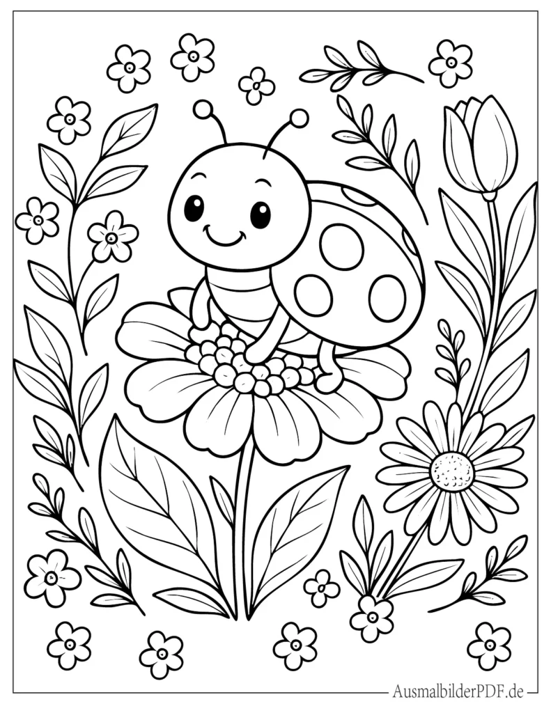 Fröhliches Baby Marienkäfer Ausmalbild mit einer großen Blume für kleine Kinder zum Ausmalen