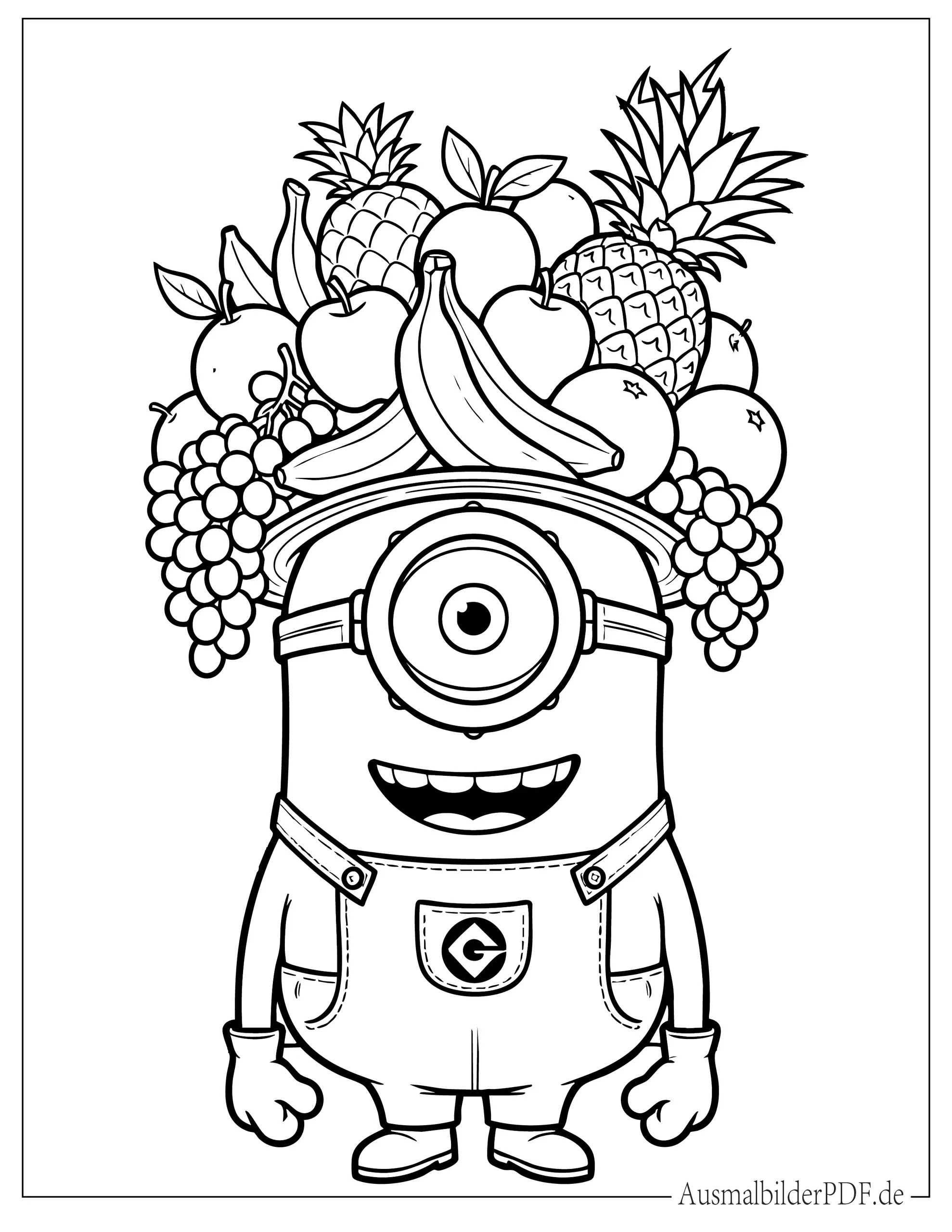 Ausmalbild Minion Stuart mit Früchtehut