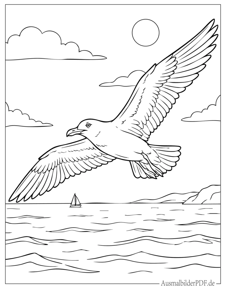 Ausmalbild Möwe schwebt mit weit ausgebreiteten Flügeln über dem Ozean