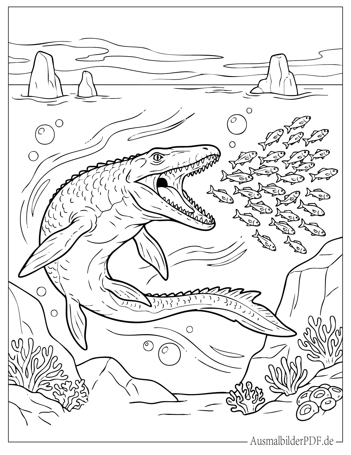 Ausmalbild Mosasaurus jagt einen Fischschwarm