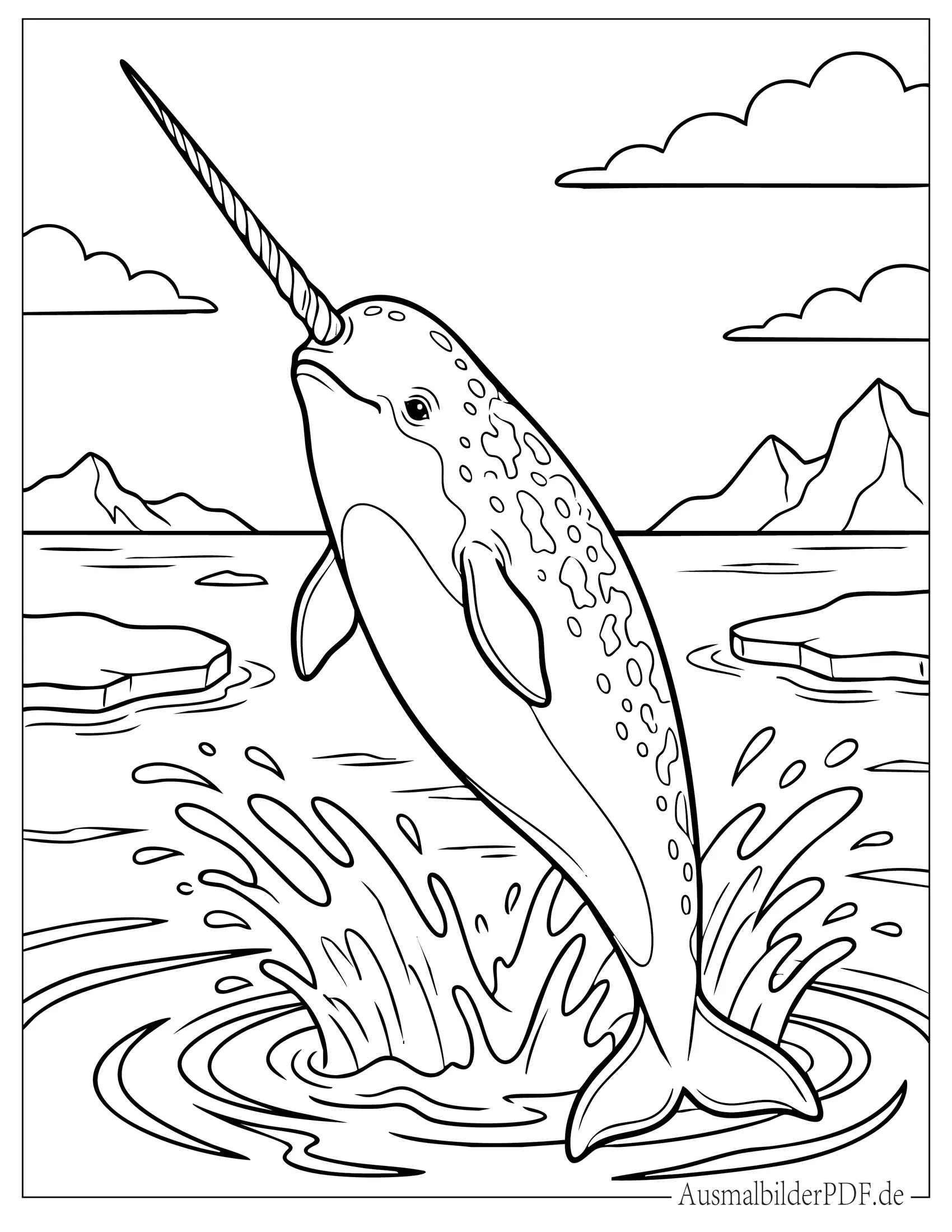 Ausmalbild Narwal springt aus dem Wasser
