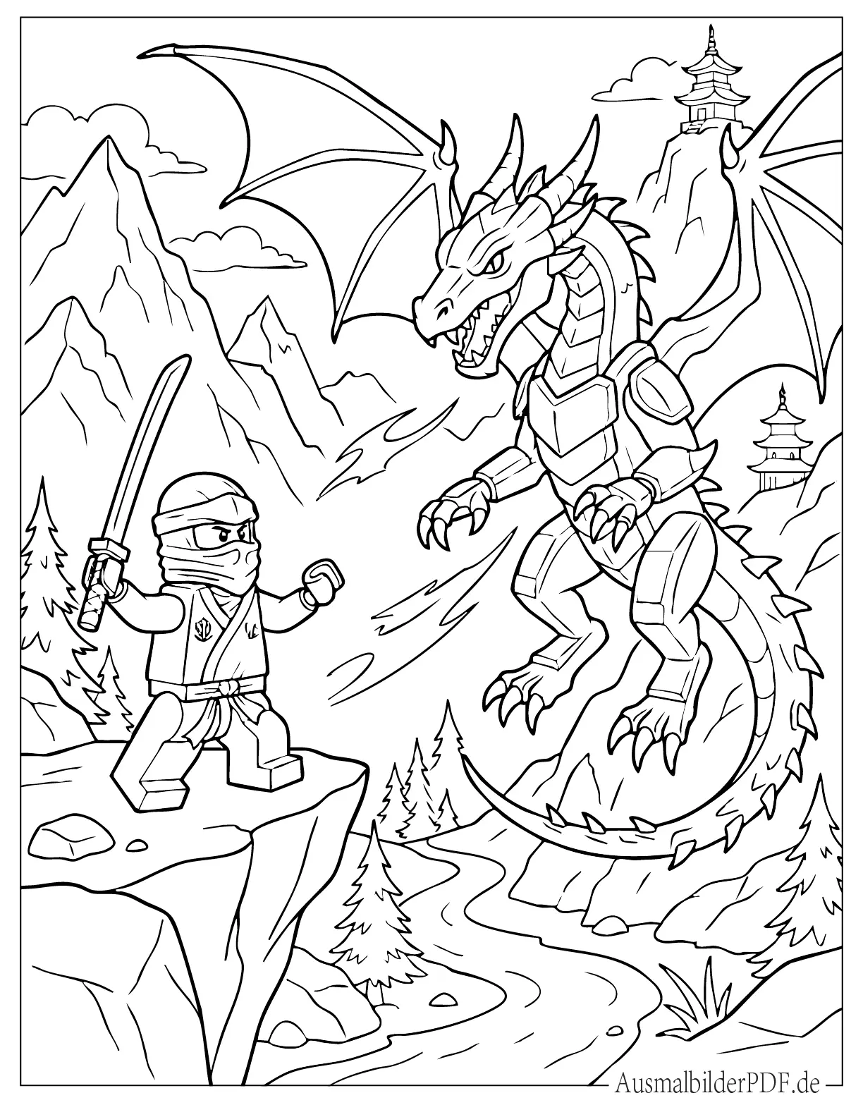 Ausmalbild Lego Ninjago Ninja kämpft gegen Drachen von Bergklippe