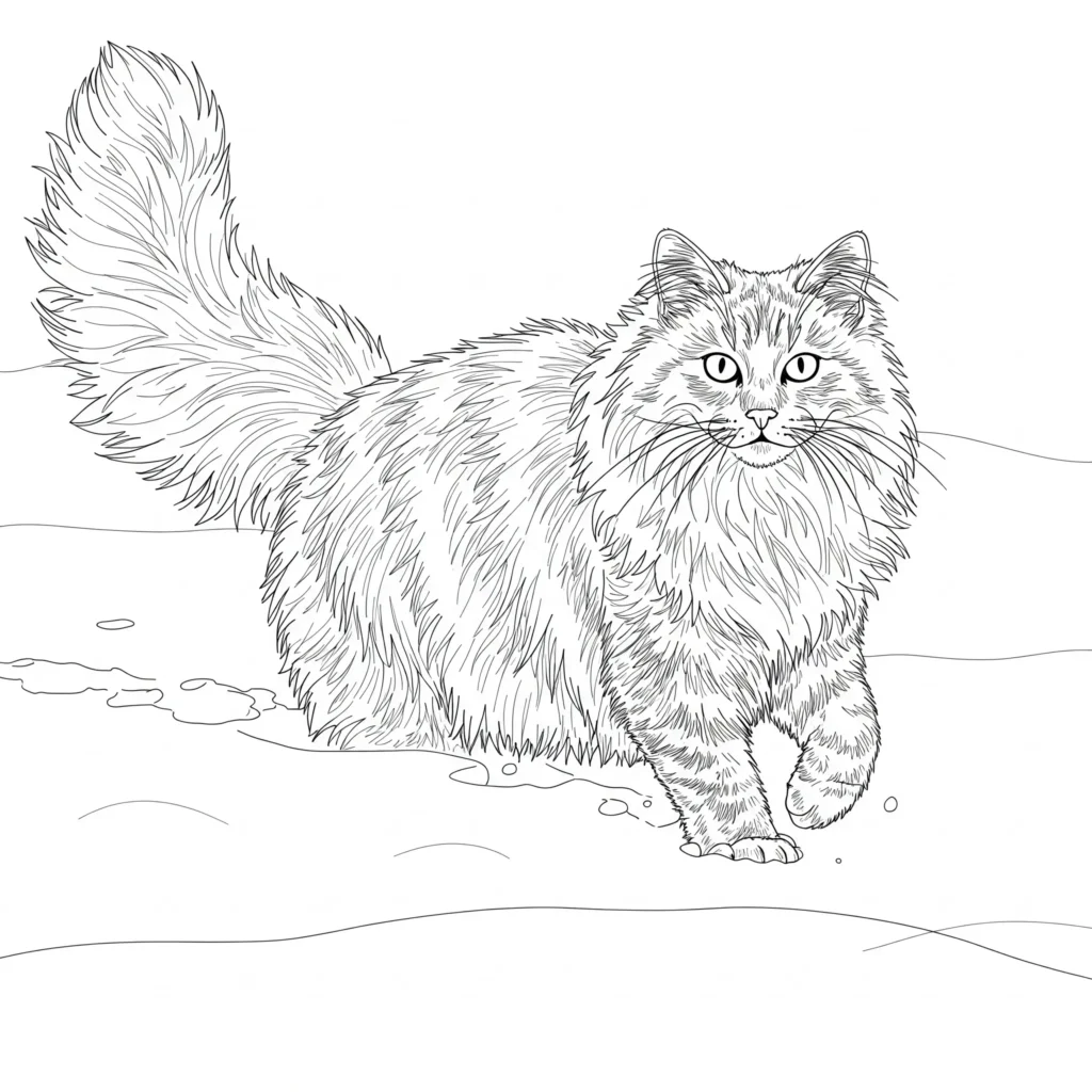 Ausmalbild einer langhaarigen Norwegischen Waldkatze, die durch den Schnee läuft