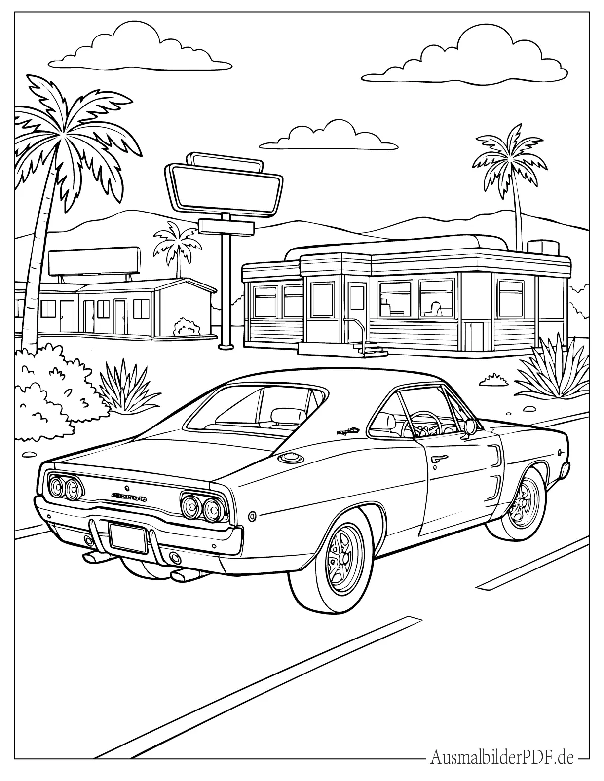 Ausmalbild Oldtimer Dodge Charger 1968 Rückansicht