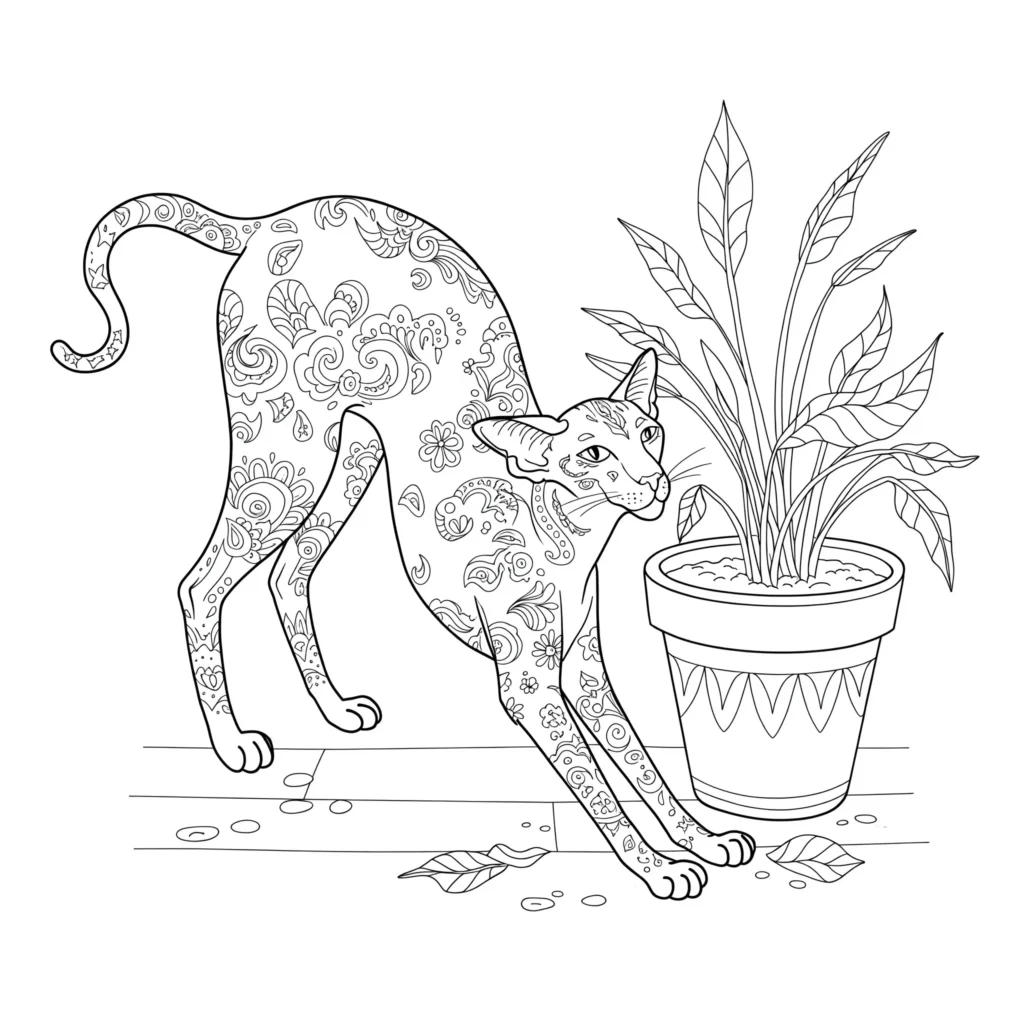 Ausmalbild einer schlanken Orientkatze, die sich neben einem Blumentopf streckt