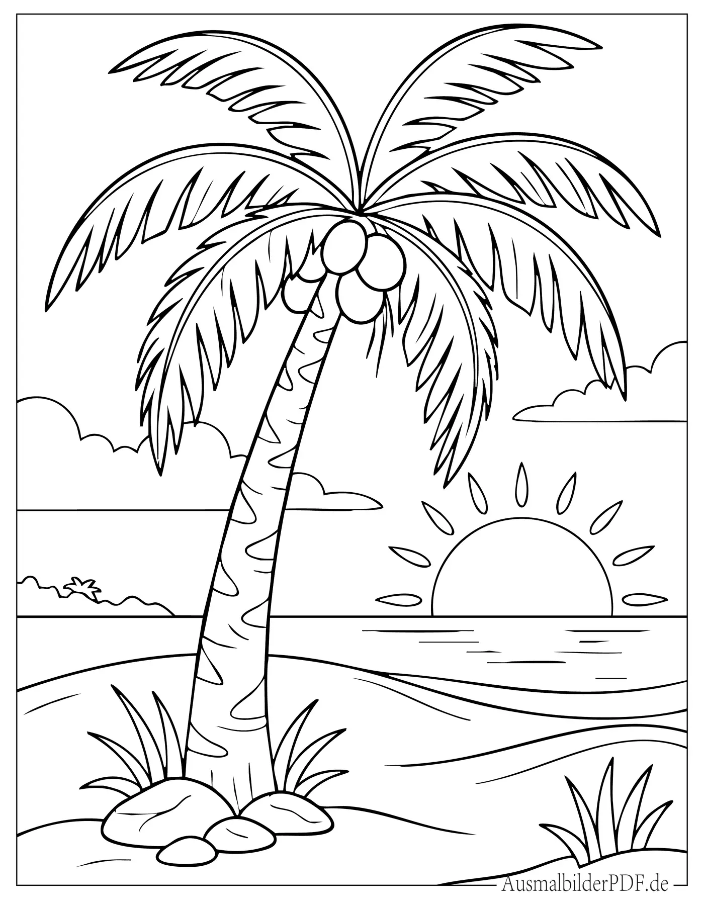 Ausmalbild Palme bei Sonnenuntergang