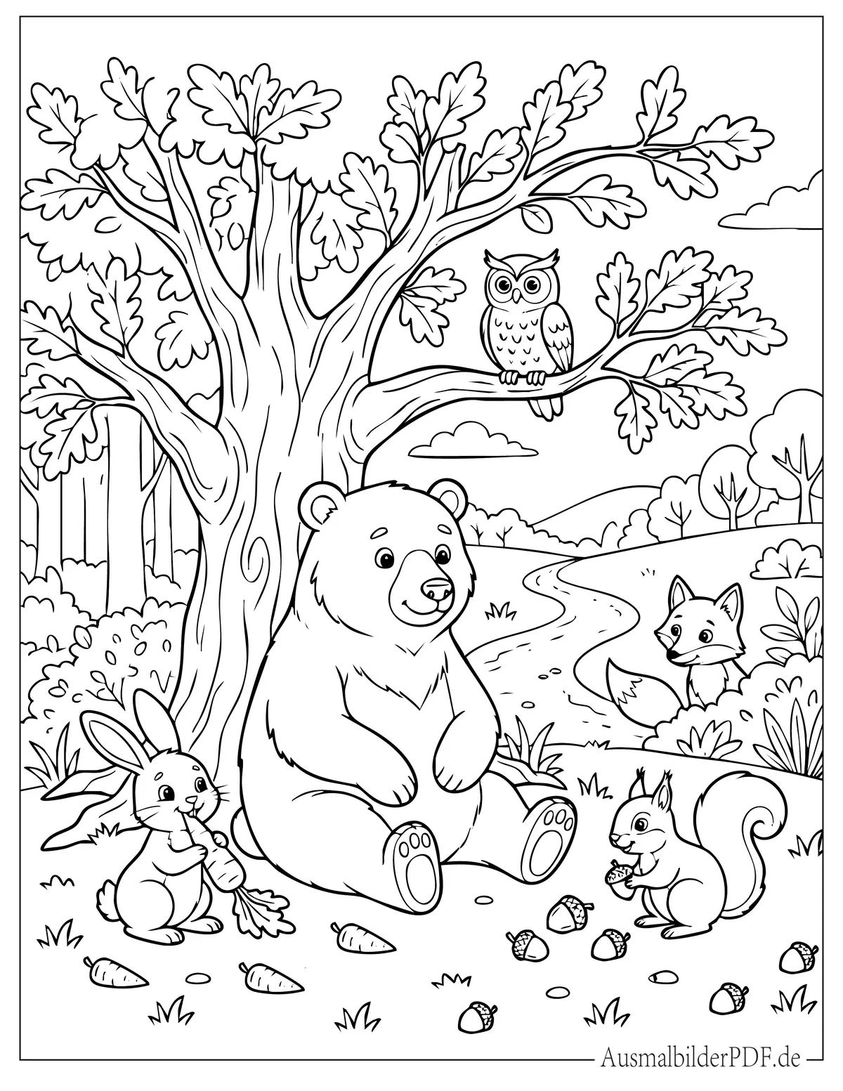 Ausmalbild Pandabär sitzt im Wald mit Tieren (Hase, Fuchs, Eule und Eichhörnchen)