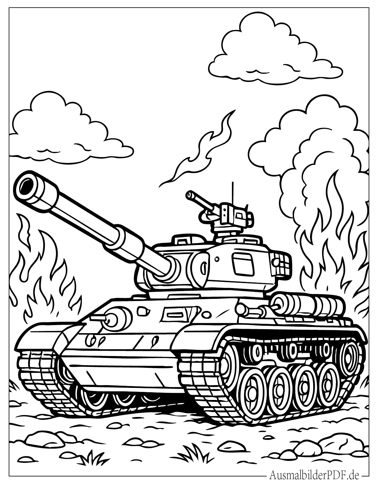 14 Panzer Ausmalbilder (Gratis Vorlagen zum Ausdrucken) Realistischer Panzer mit Flammen Ausmalbild