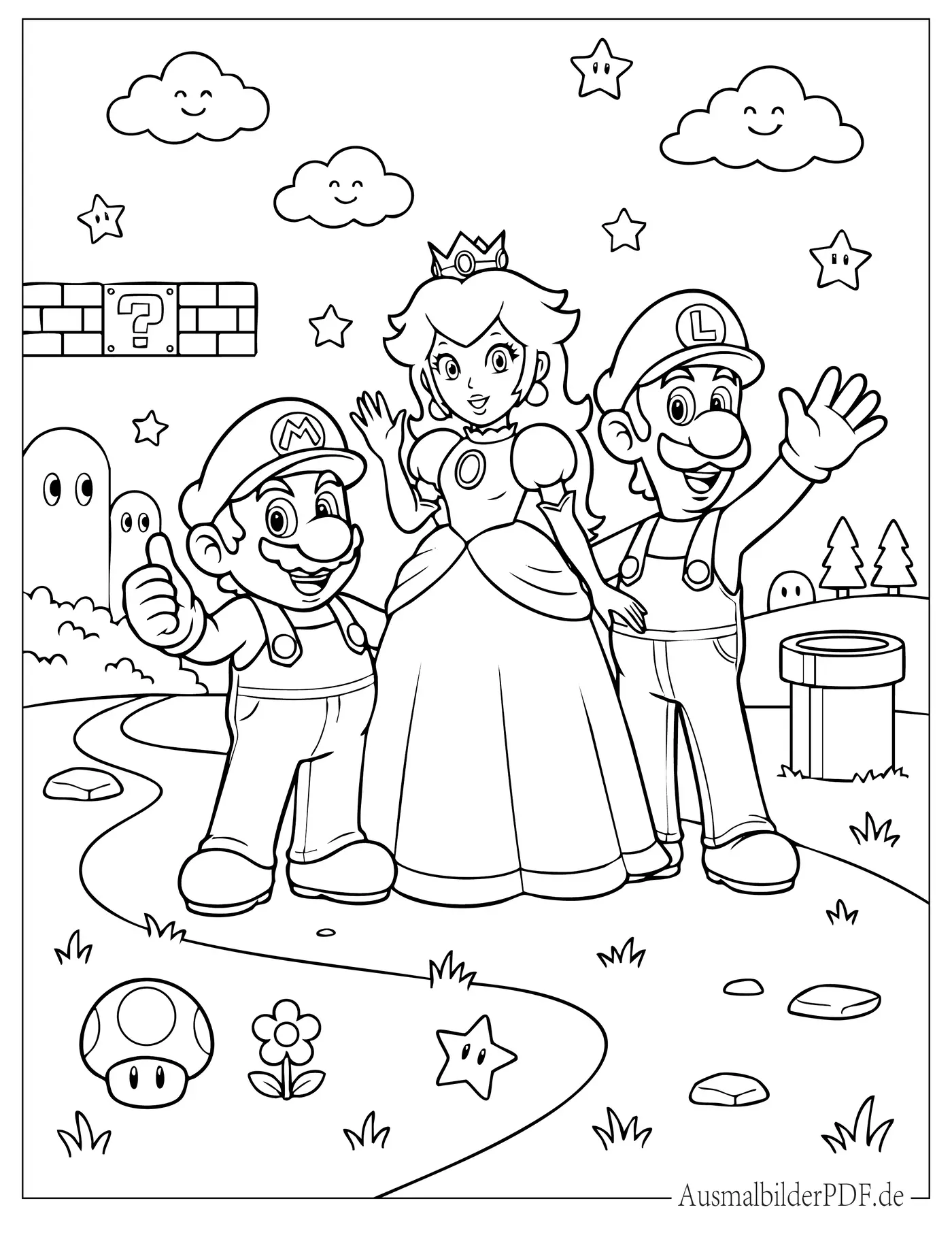 Ausmalbild Prinzessin Peach mit Luigi und Mario