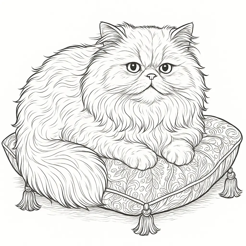 Ausmalbild einer flauschigen Perserkatze auf einem verzierten Seidenkissen mit Quasten