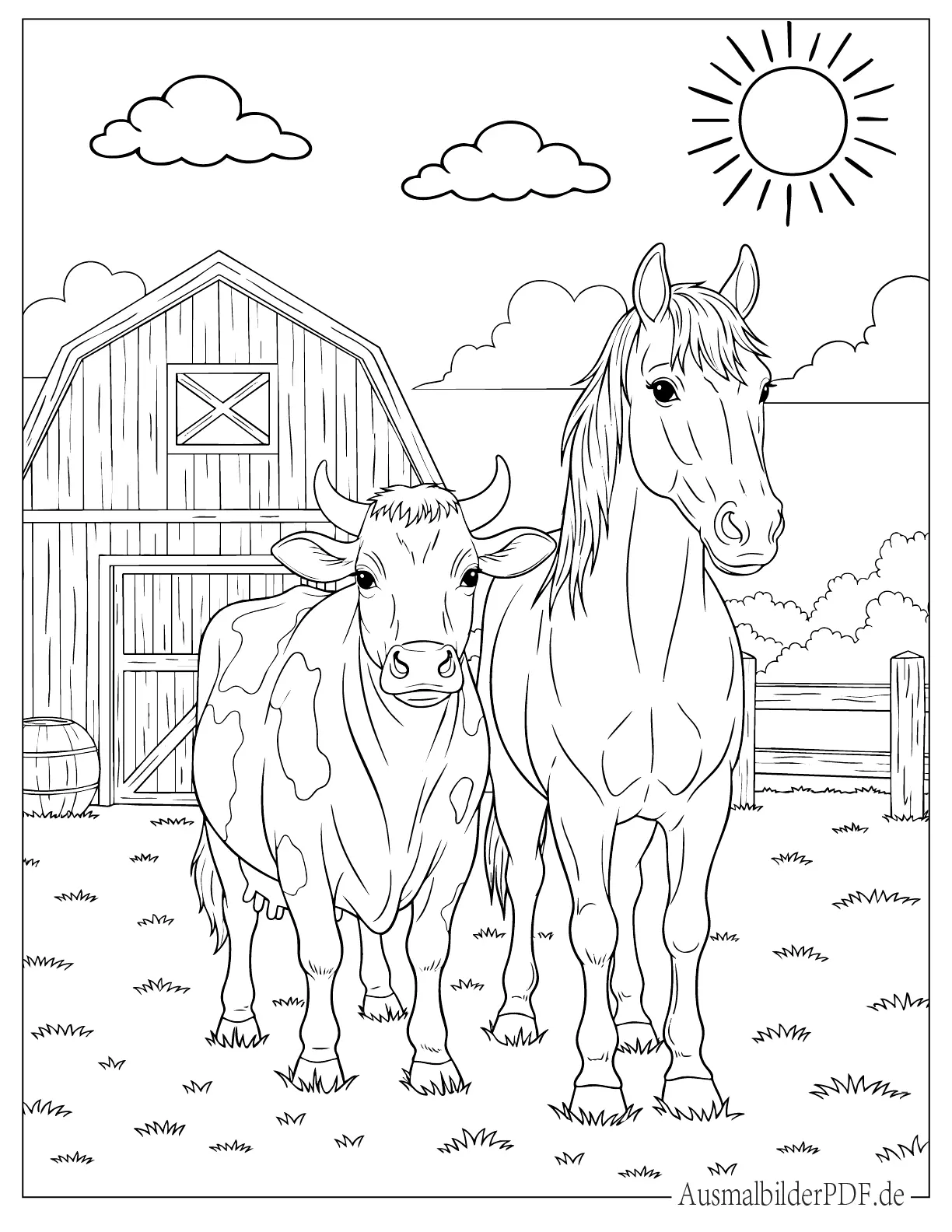 Ausmalbild von Pferd und Kuh auf einem Bauernhof