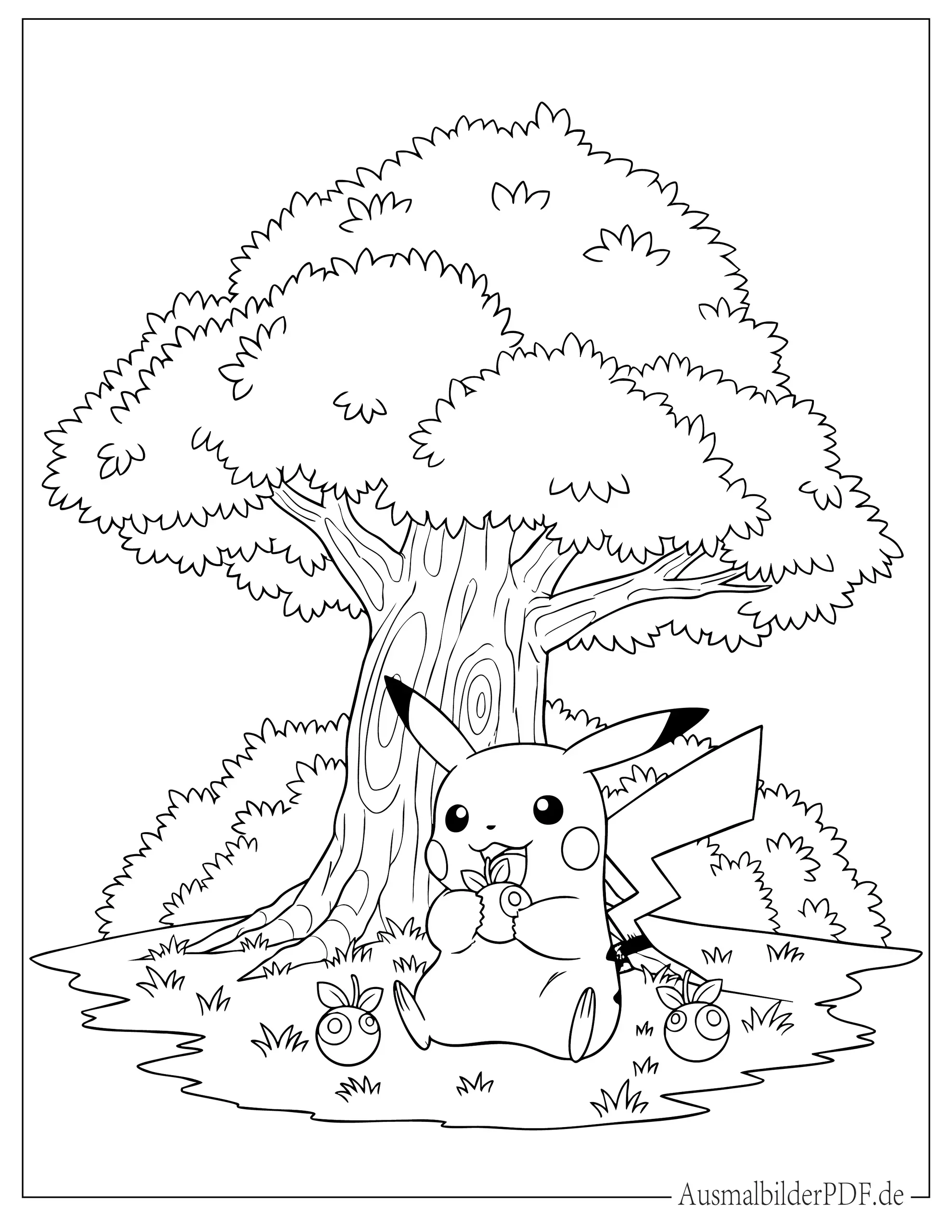 Ausmalbild von Pokemon Pikachu isst Beeren unter Baum