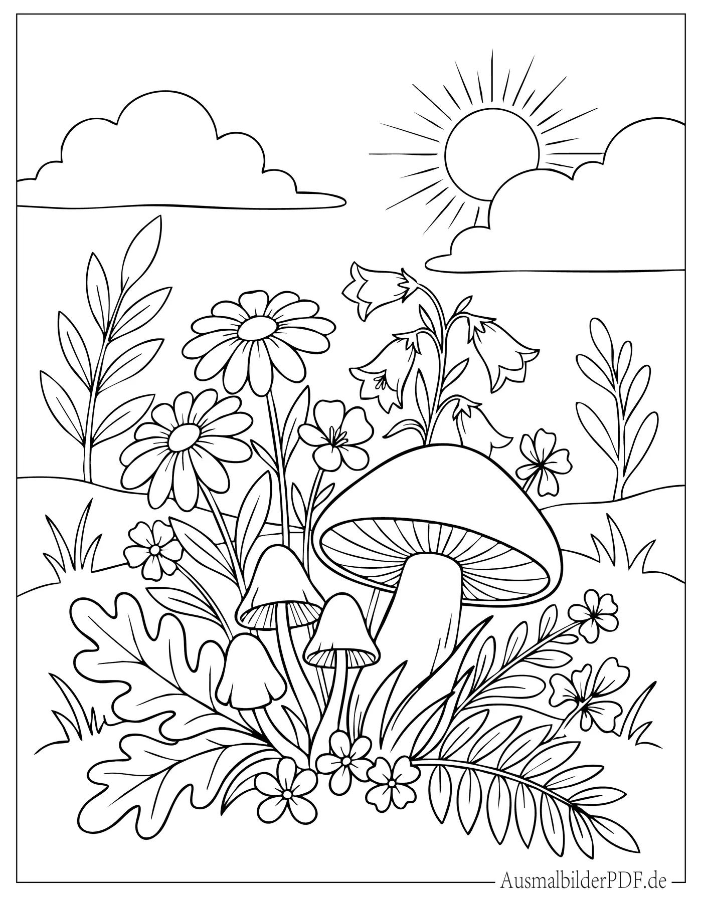 Ausmalbild Pilze wachsen mit Blumen