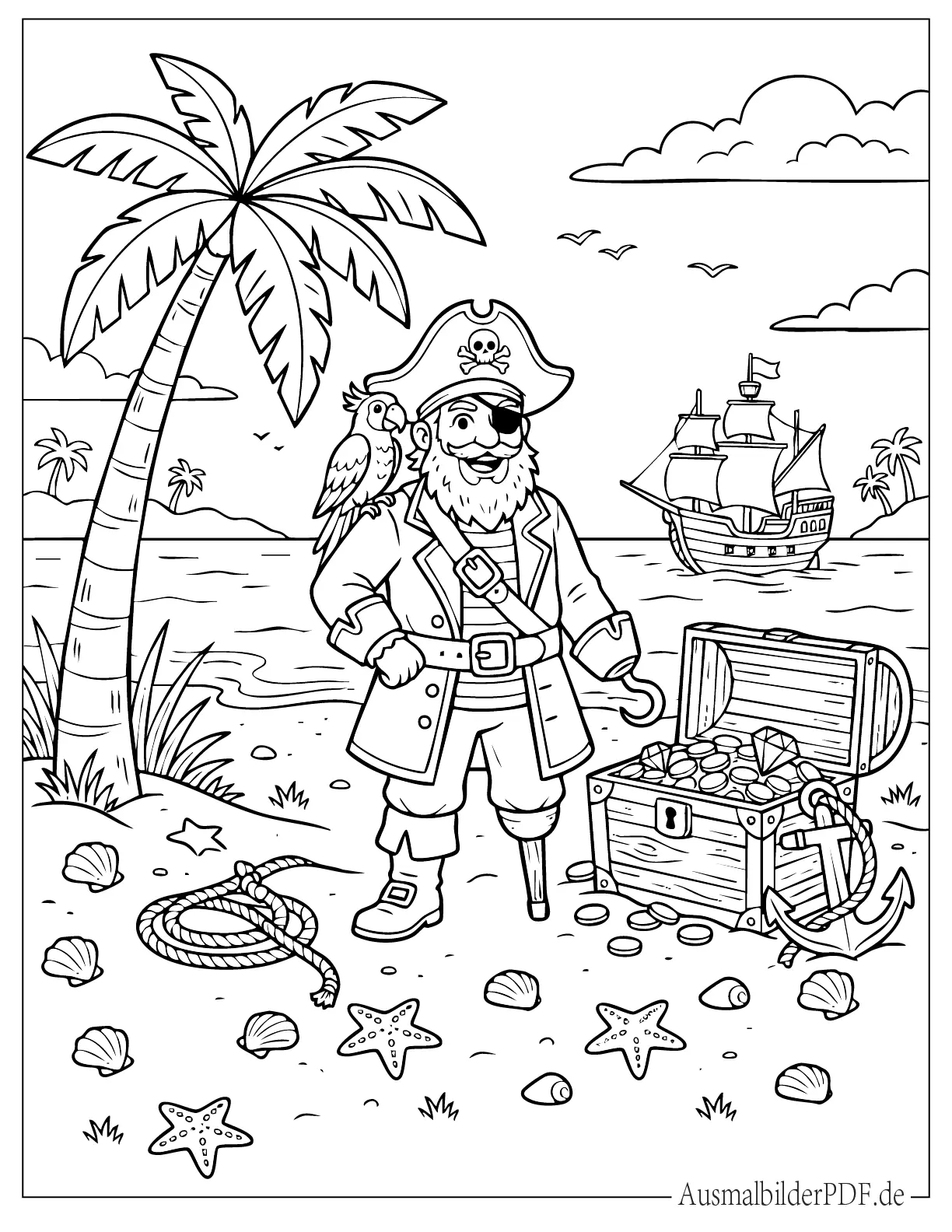 Ausmalbild Piraten mit Papagei und Schatz auf einer Insel für Kinder, ideal zum Ausdrucken und Ausmalen