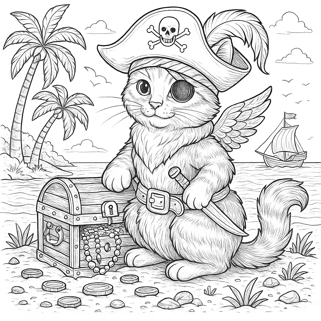 Ausmalbild einer Piratenkatze mit Schatztruhe auf tropischer Insel mit Palmen und Segelschiff