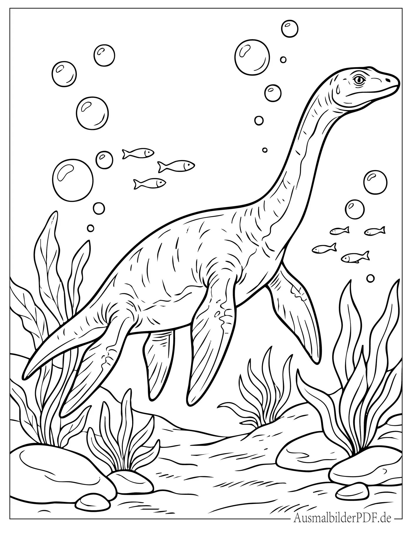 Ausmalbild von Plesiosaurus Dinosaurier schwimmt mit Fischen