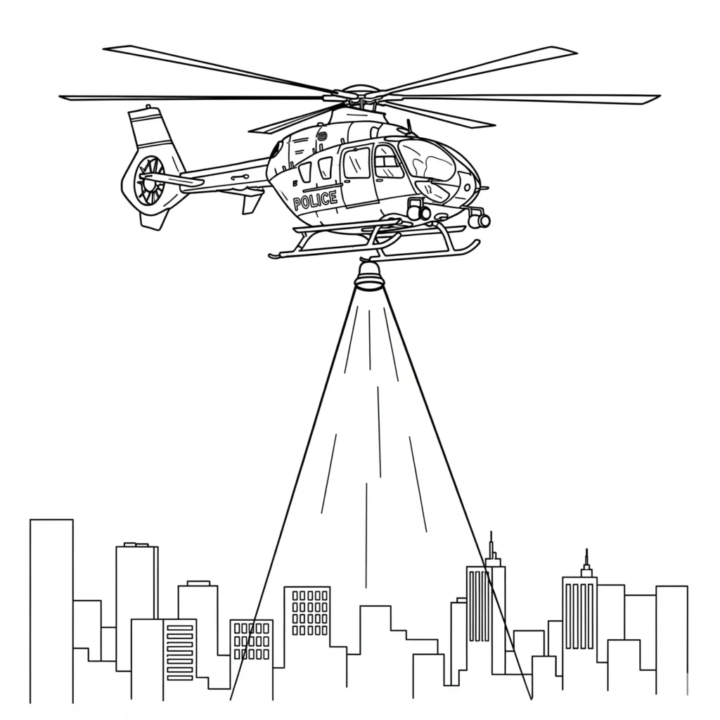 Hubschrauber Ausmalbilder (Gratis Malvorlage zum Ausdrucken) Ausmalbild eines Polizei-Hubschraubers im Einsatz mit gut erkennbaren Rotoren, Fenstern und klaren Linien, geeignet zum Ausmalen für Kinder