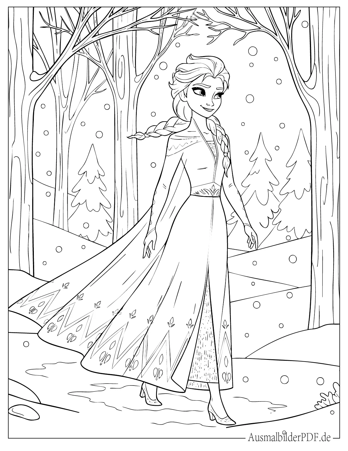Ausmalbild von Prinzessin Elsa im verschneiten Wald