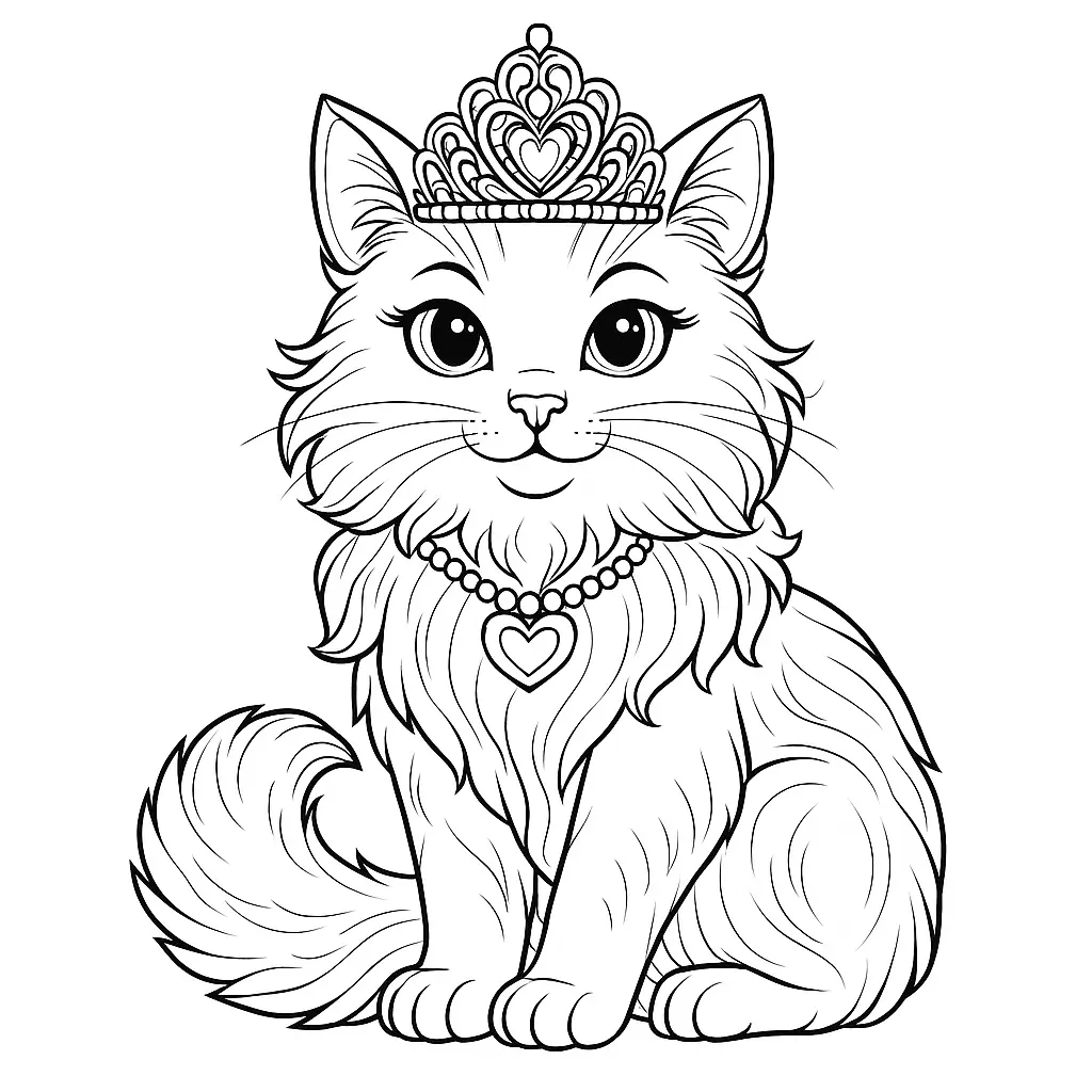 Ausmalbild einer Prinzessinkatze mit Tiara und Halskette