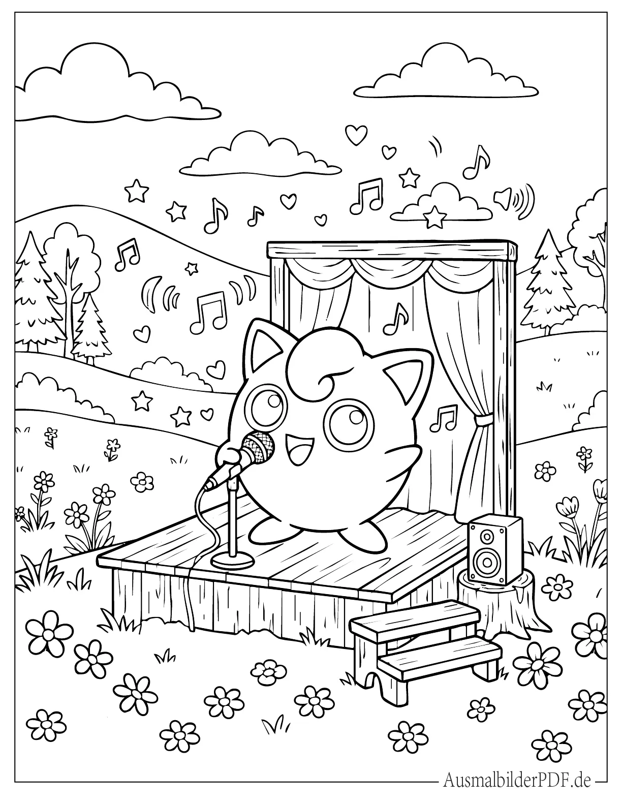 Ausmalbild von Pummeluff singt auf Blumenwiese