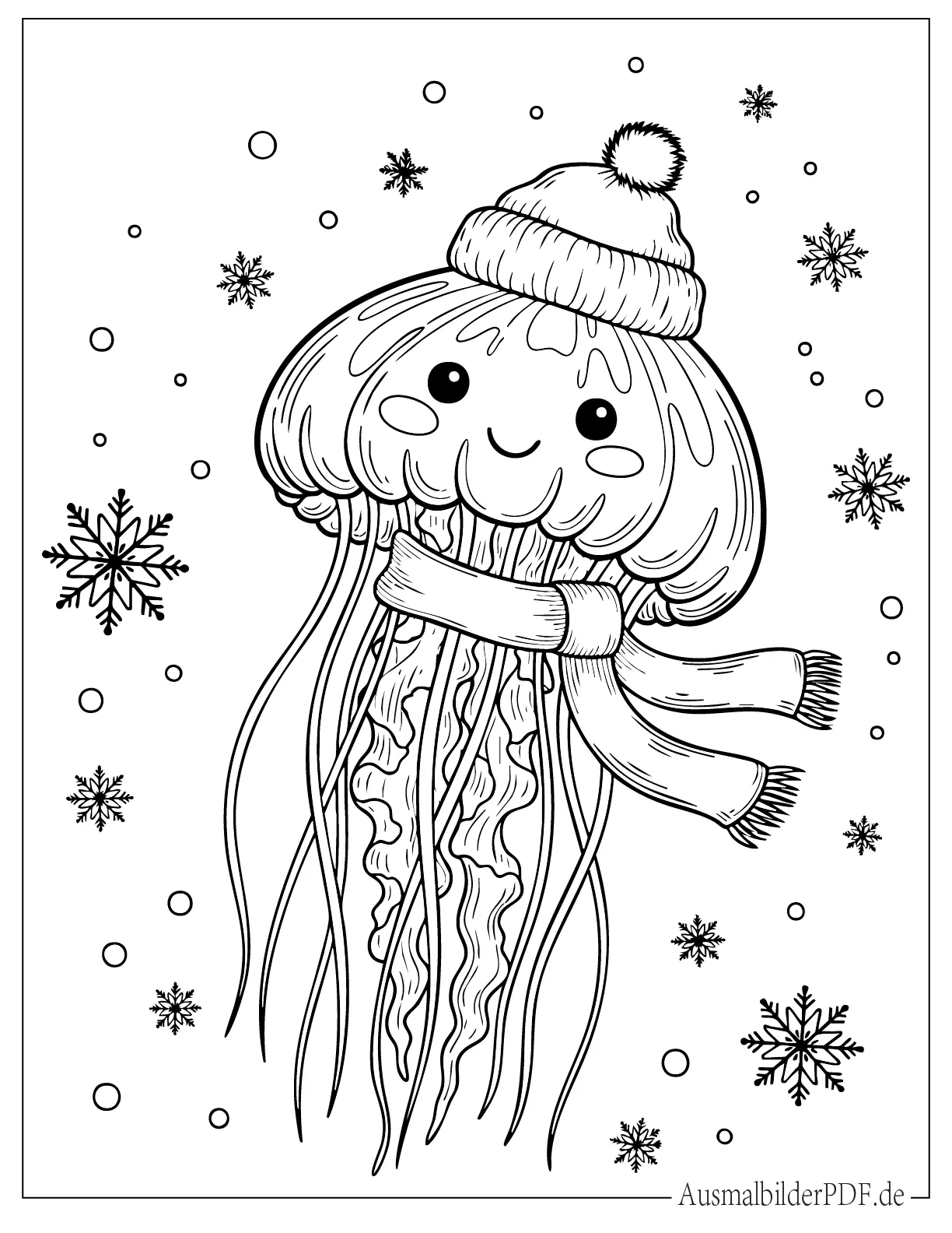 10+ Qualle Ausmalbilder (Gratis Malvorlage zum Ausdrucken) Ausmalbild Qualle im Winter mit Mütze und Schal und Schneeflocken
