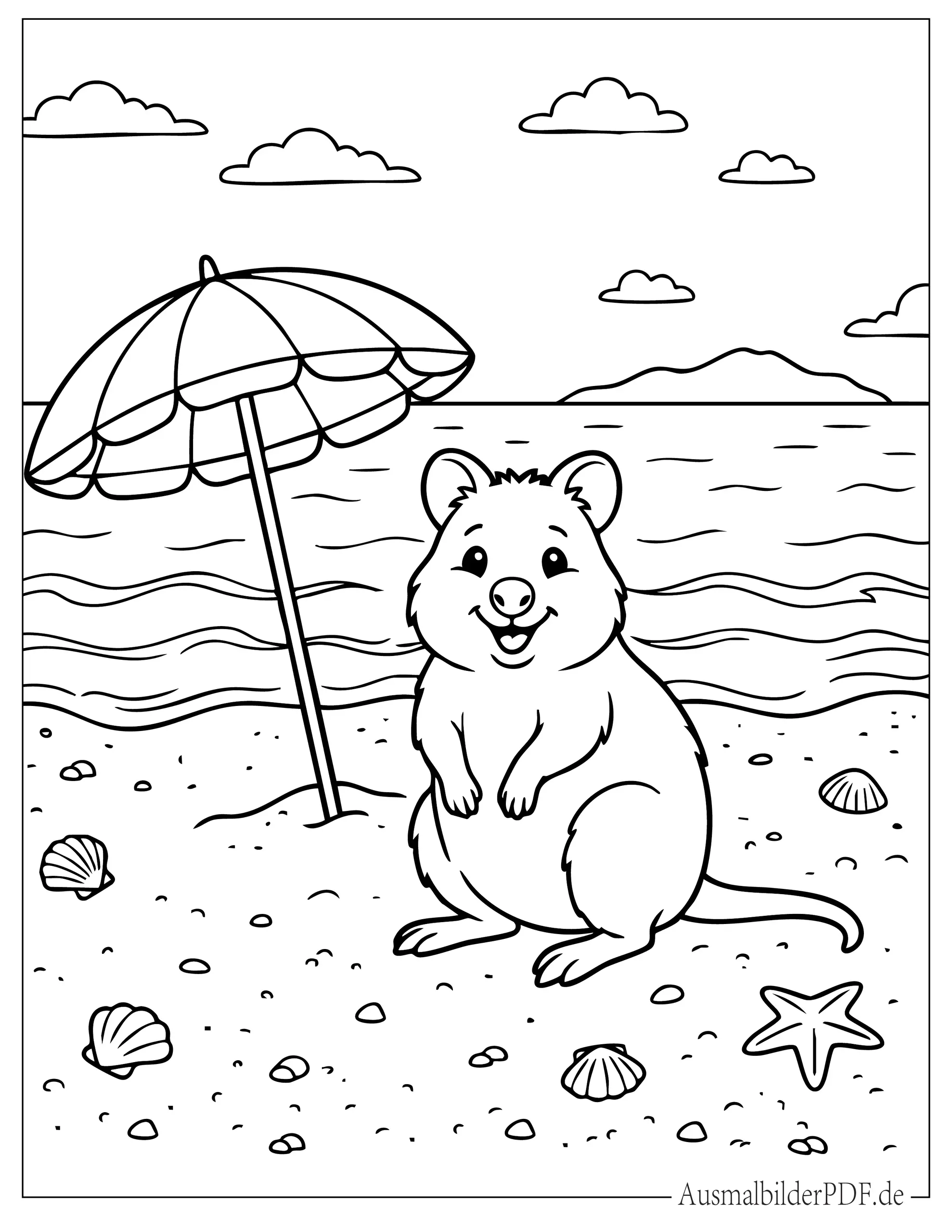 Glückliches Quokka am Strand mit Regenschirm Ausmalbild