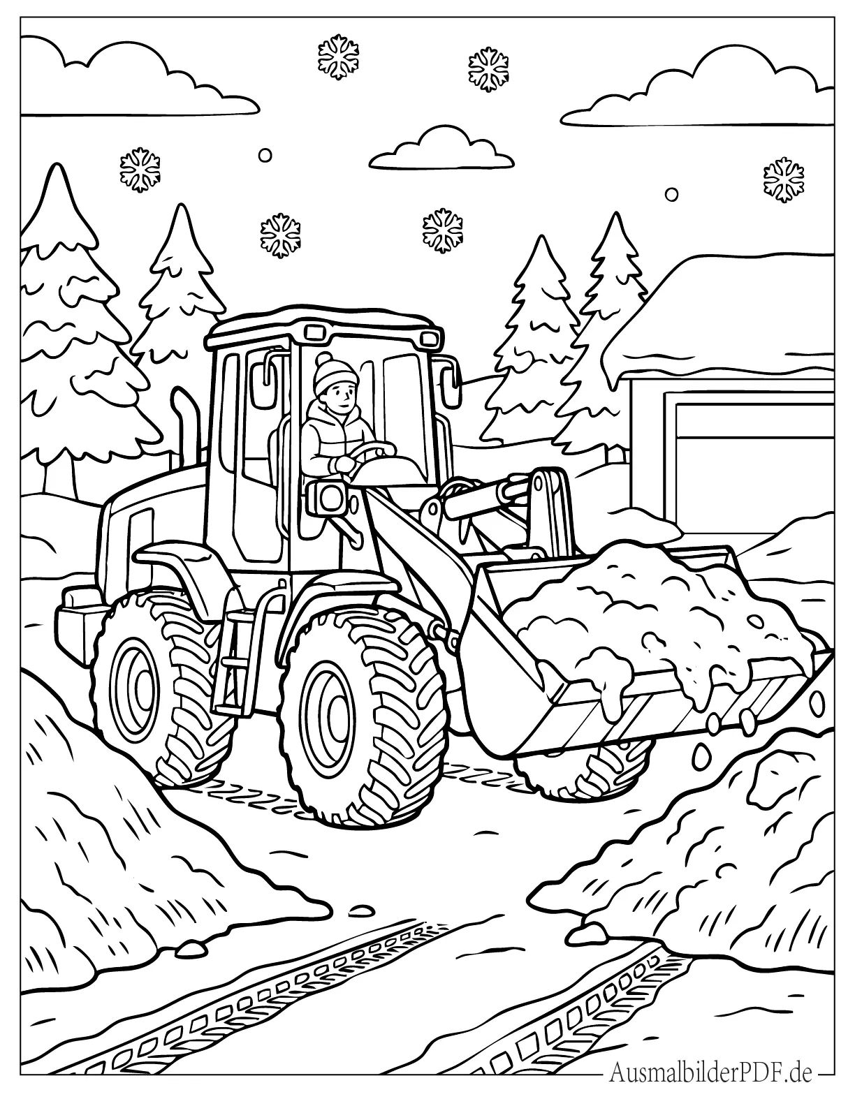 Ausmalbild Radlader räumt im Winter Schnee von der Straße