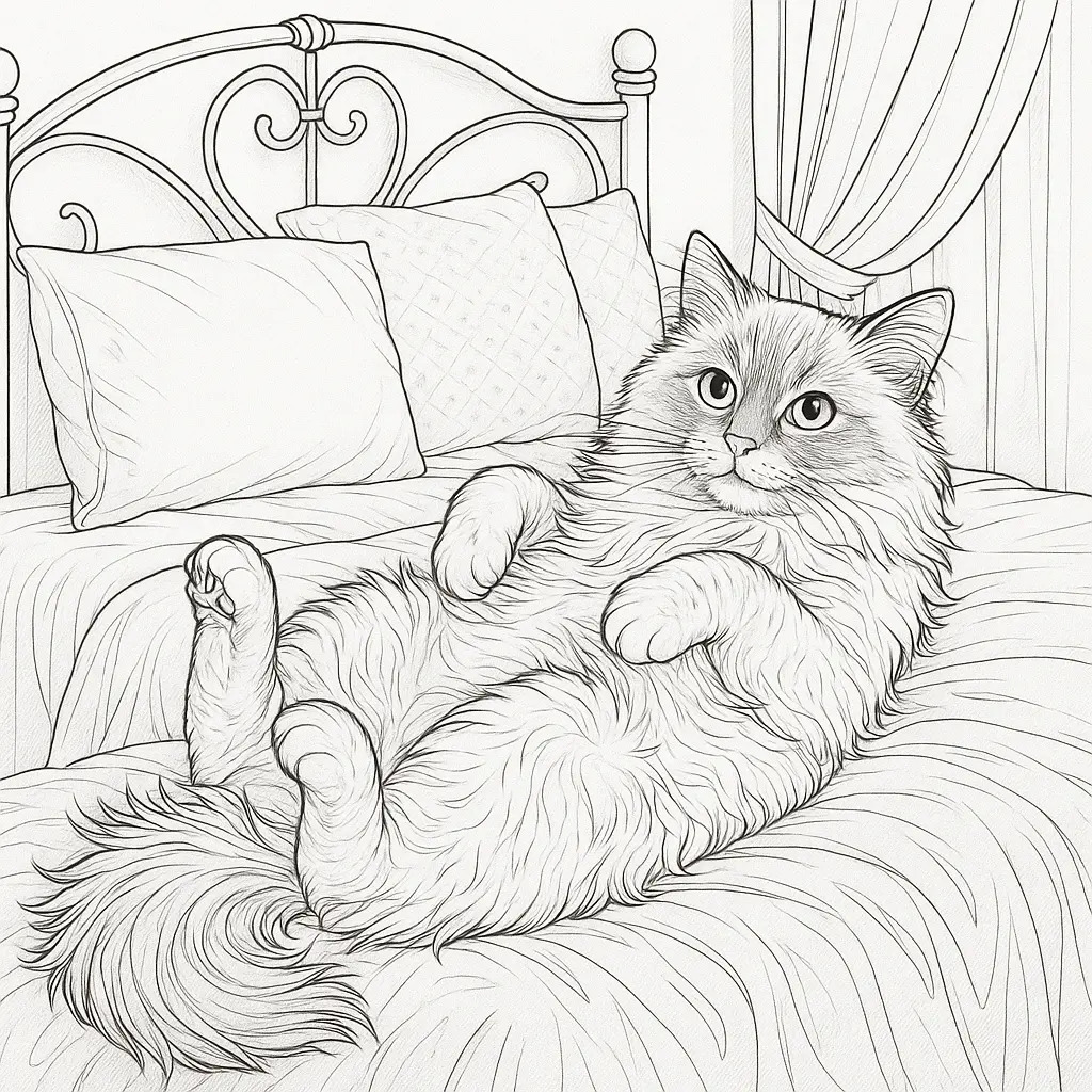 Ausmalbild einer Ragdoll-Katze, die mit offenem Blick auf einem Bett auf dem Rücken liegt