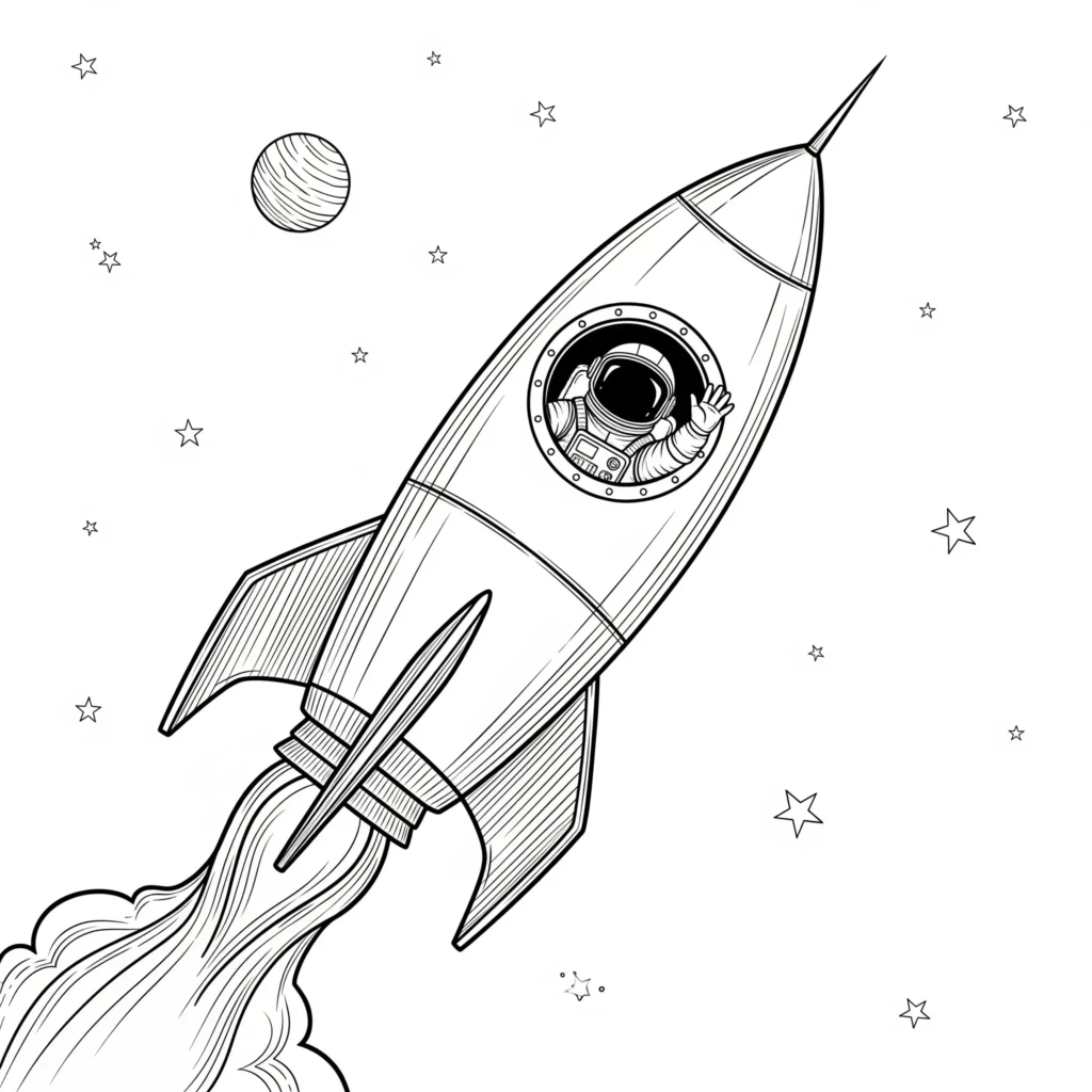 Ausmalbild einer Rakete mit einem Astronauten, der winkt – ideal für Kinder.