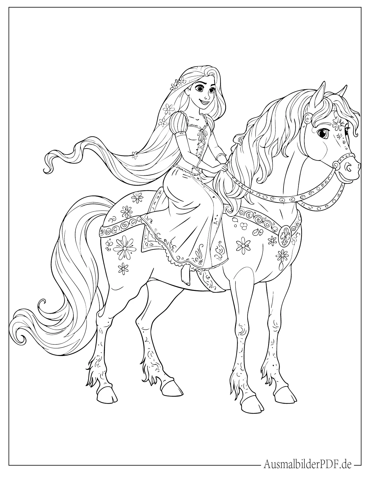 10+ Ausmalbilder Rapunzel (Gratis Malvorlagen zum Ausdrucken) Ausmalbild Rapunzel reitet auf einem magischen Pferd