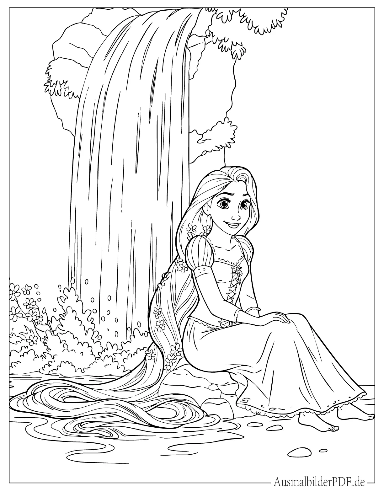 10+ Ausmalbilder Rapunzel (Gratis Malvorlagen zum Ausdrucken) Ausmalbild Rapunzel aus Tangled sitzt neben einem Wasserfall