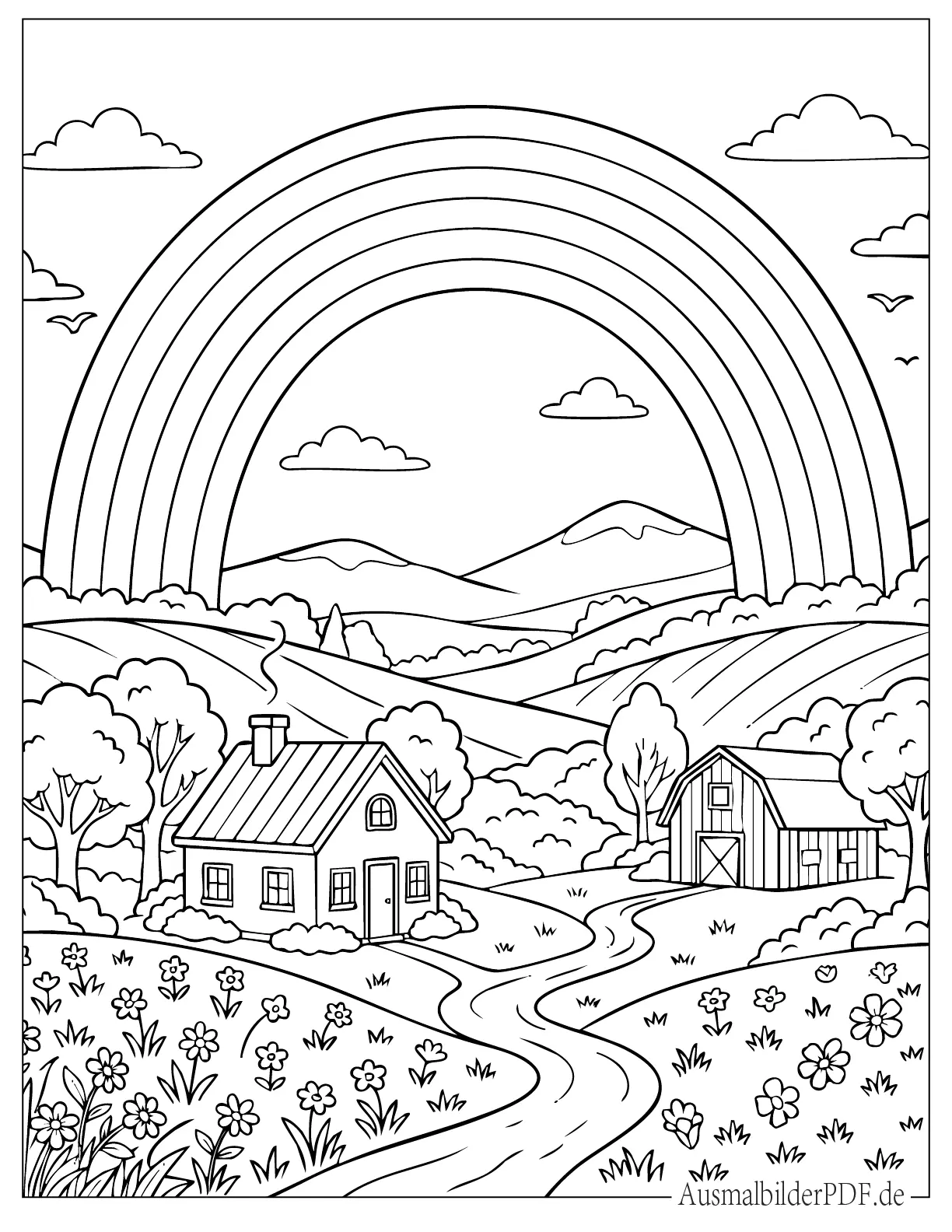 20 Regenbogen Ausmalbilder (Gratis Malvorlagen zum drucken) Ausmalbild von Regenbogen in Dorflandschaft
