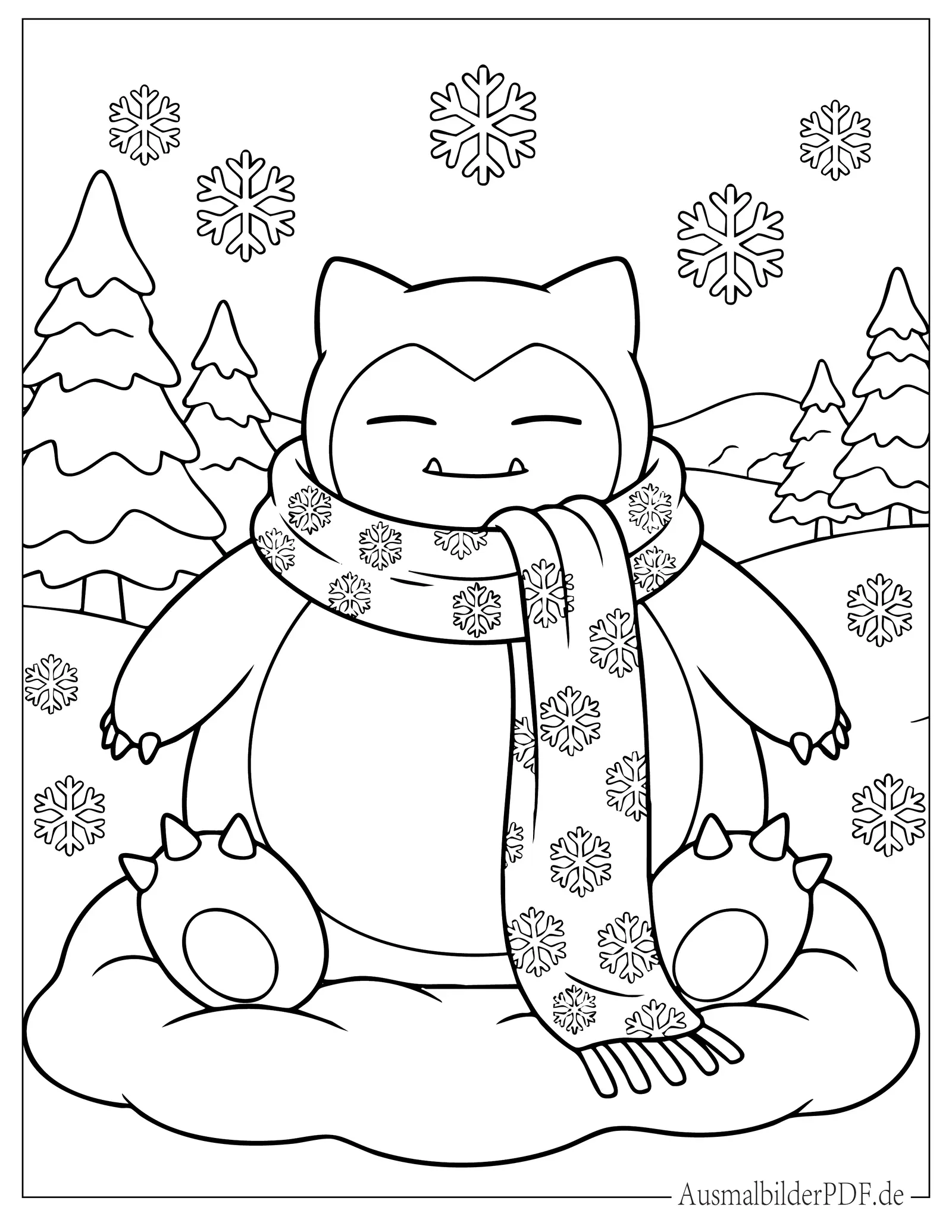 10+ Kostenlos Pokémon Relaxo Ausmalbilder zum Ausdrucken Ausmalbild von Pokemon Relaxo trägt einen gemütlichen Winterschal im Schnee