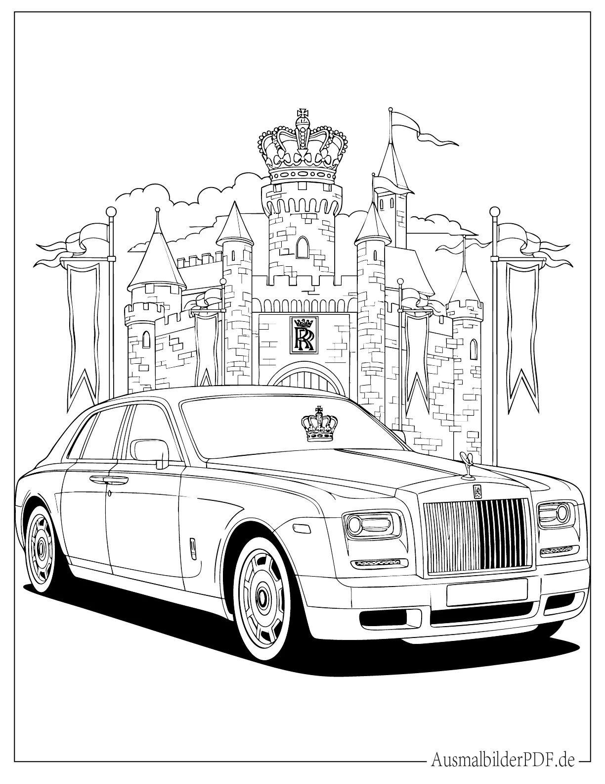 Ausmalbild von Rolls Royce mit Kronenthema Schloss