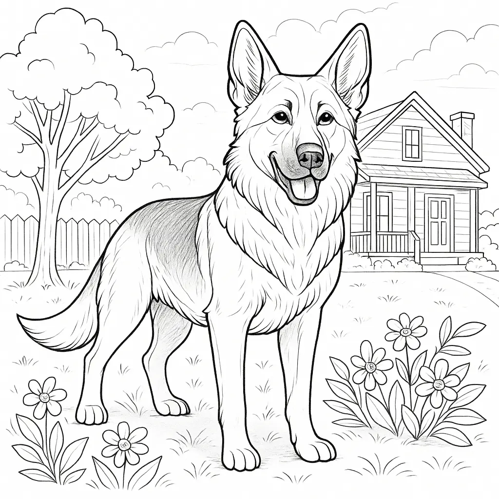  Ausmalbild mit Deutschem Schäferhund, der stolz vor einem Haus im Garten steht
