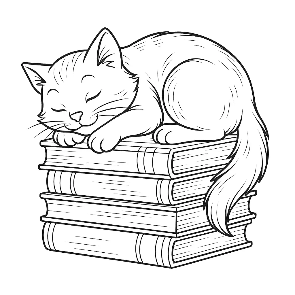 Ausmalbild einer schlafenden Katze auf einem Bücherstapel