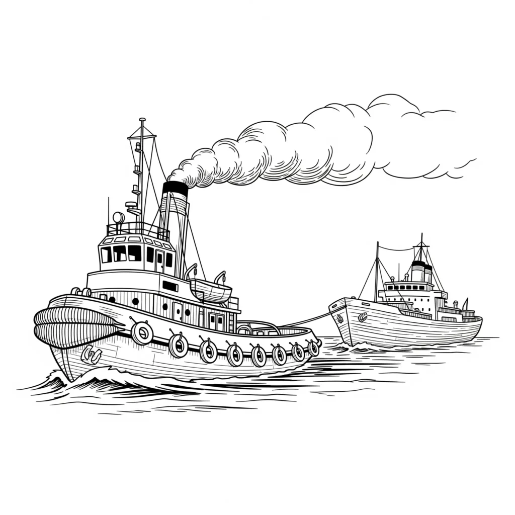 Boot Ausmalbilder (Kostenlos Malvorlage zum Ausdrucken) Starker Schlepper mit hohem Schornstein auf dem Wasser als Ausmalbild für Kinder und Erwachsene zum Ausdrucken und kreativ gestalten