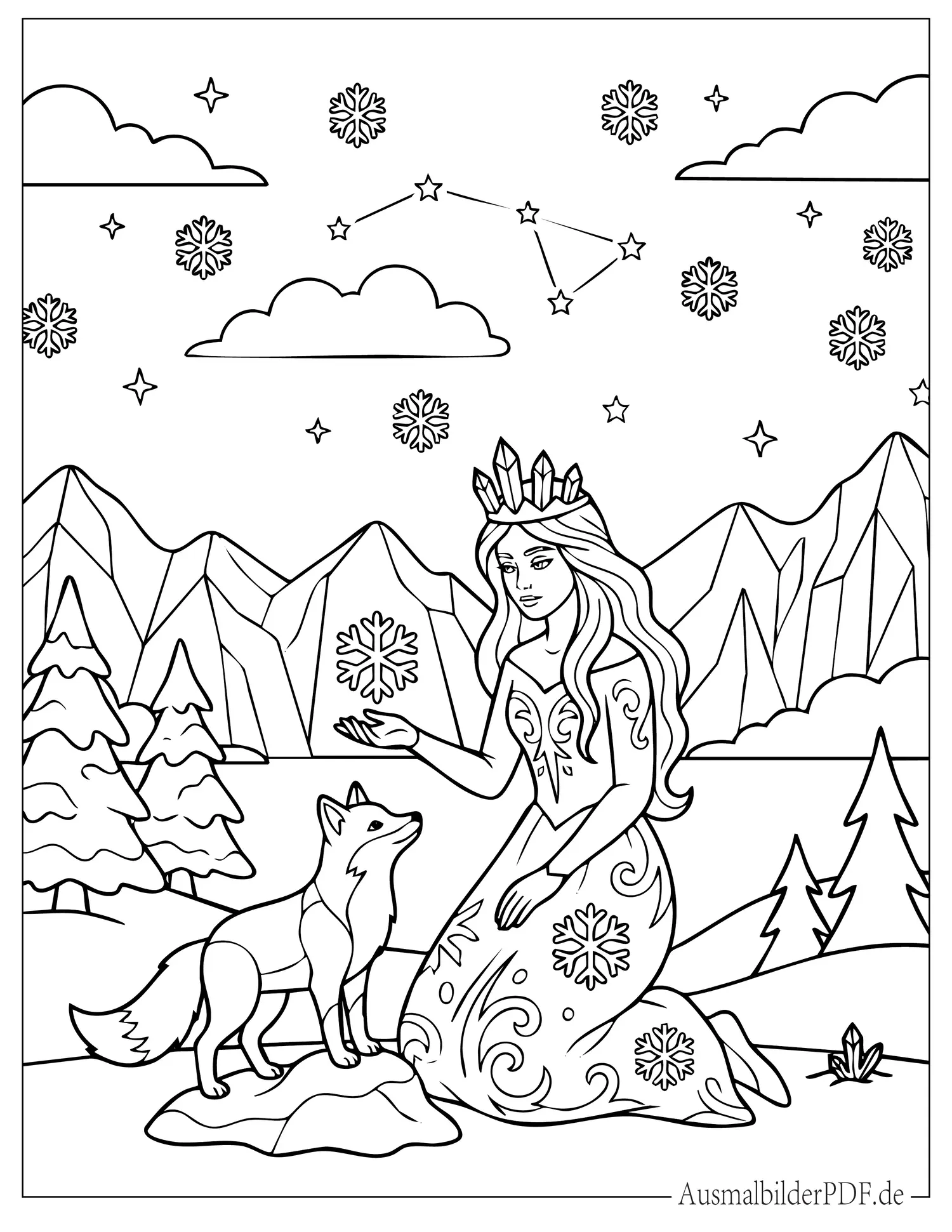 Schneekönigin Ausmalbilder (Gratis Malvorlagen zum Download) Ausmalbild Schneekönigin im Schnee mit Polarfuchs